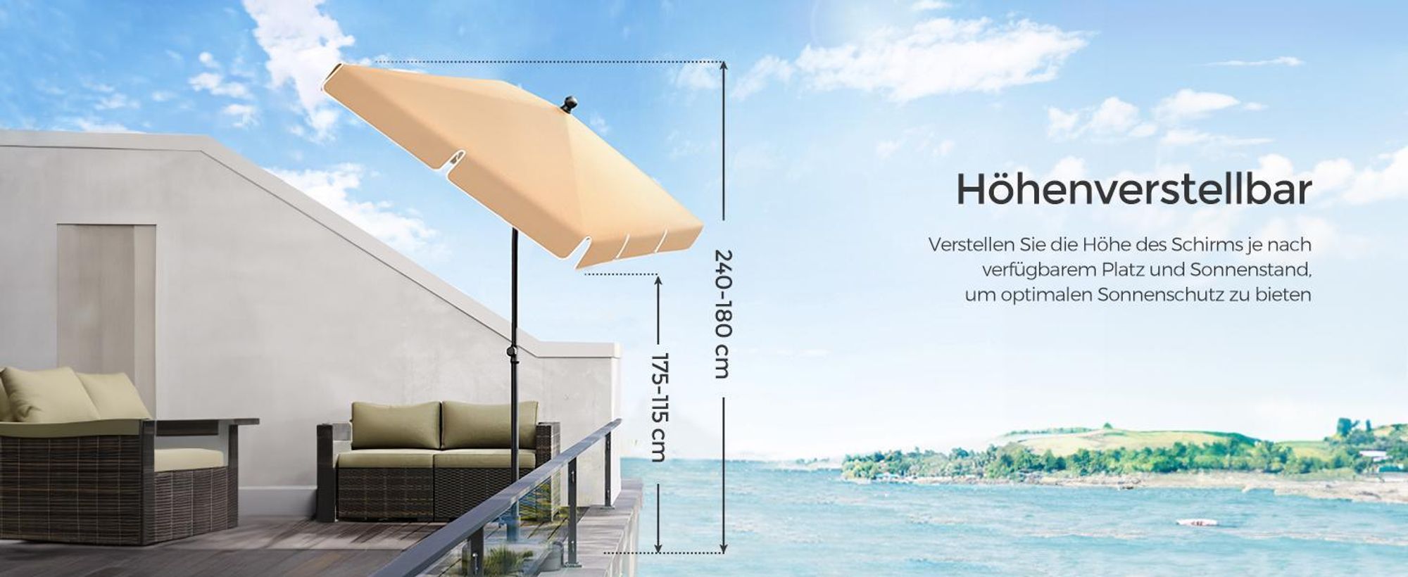 SONGMICS Sonnenschirm 180 x 125 cm UPF 50+ Sonnenschutz
