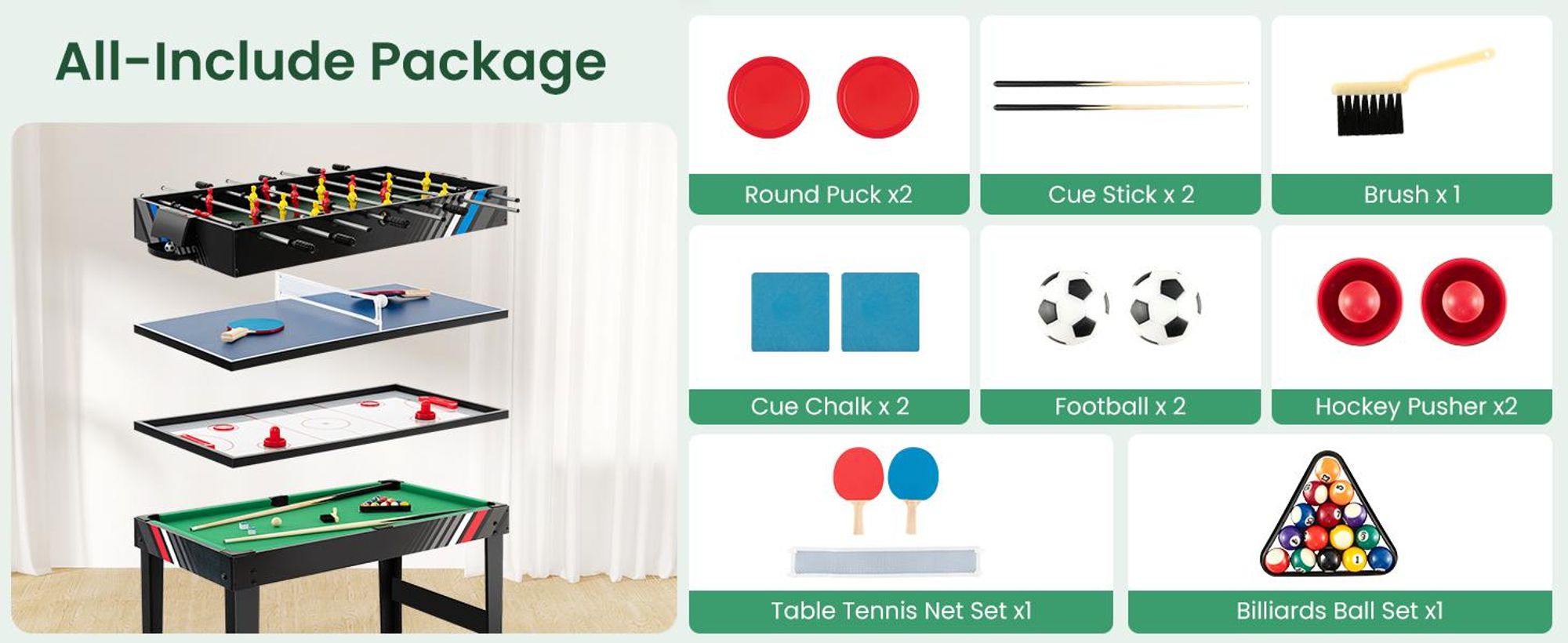 COSTWAY 4 in 1 Tischkicker, Multifunktionstisch mit Tischfußball,Billard,Tischtennis&Airhockey, Kombi-Spieltisch-Set für Kinder&Erwachsene 125x97x83cm