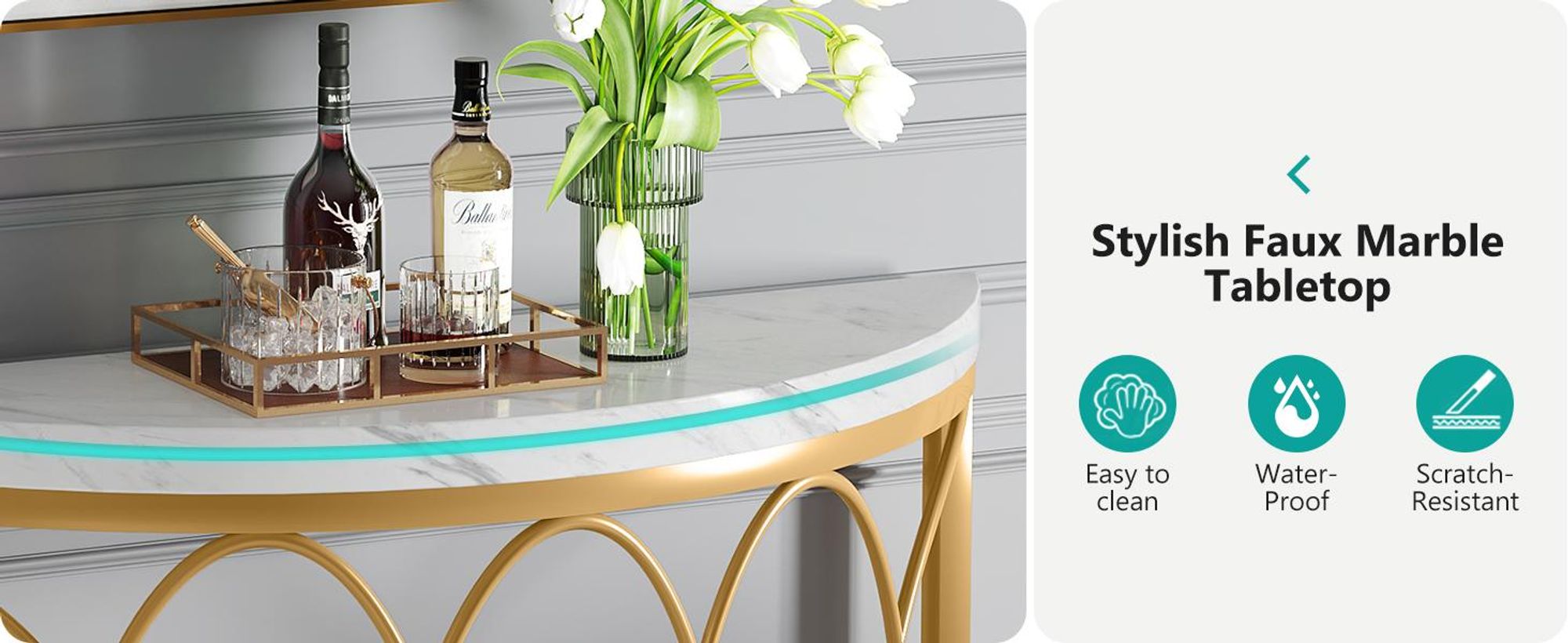 Wanbor Konsolentisch Schmal, Beistelltisch, Gold Marmor Wohnzimmertisch mit Metallrahmen&Halbmondförmig-Design, Moderner Sofatisch für Wohnzimmer