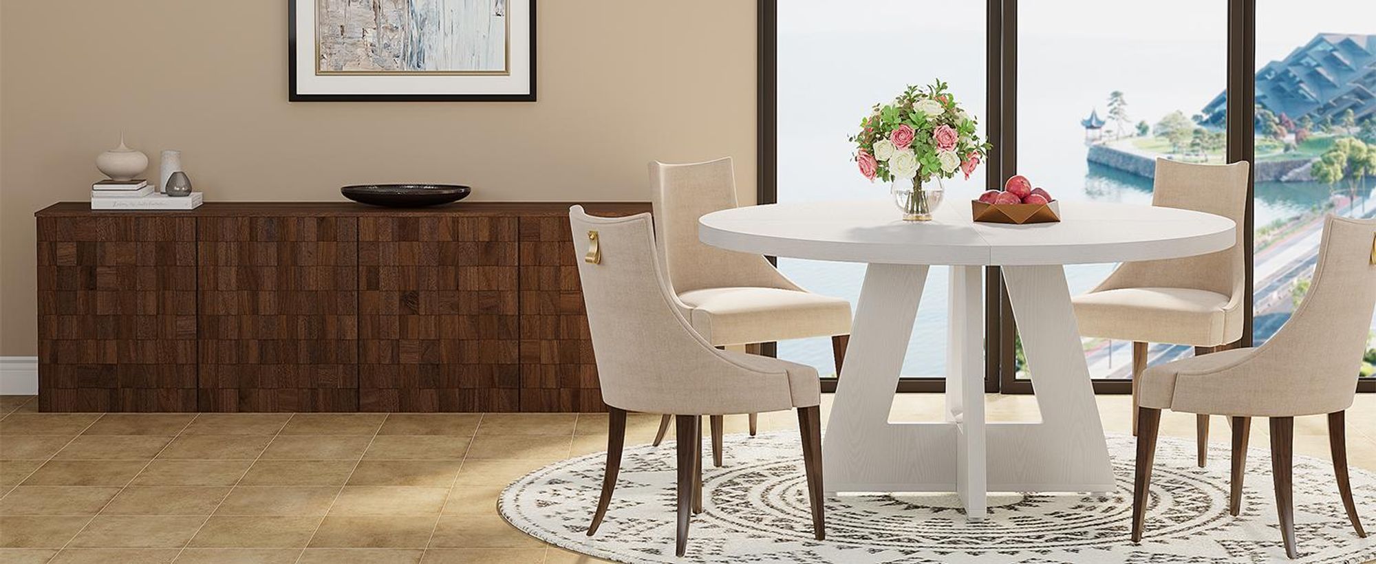 Runder Esstisch für 4 Personen, 47 Zoll runder Küchentisch im Landhausstil mit Holzgestell, geeignet für Küche, Esszimmer und Wohnzimmer (weiß).