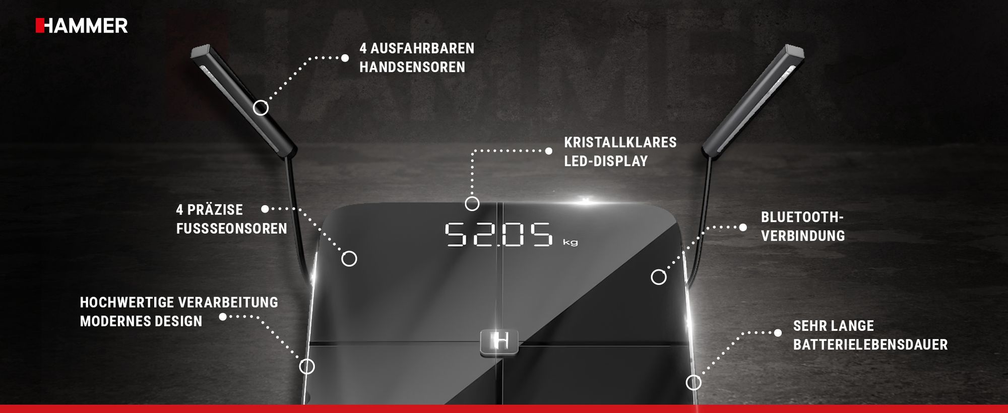 HAMMER Körperanalysewaage Body Screen TX, schwarz, 8 Sensoren, 15 Messungen inkl. App