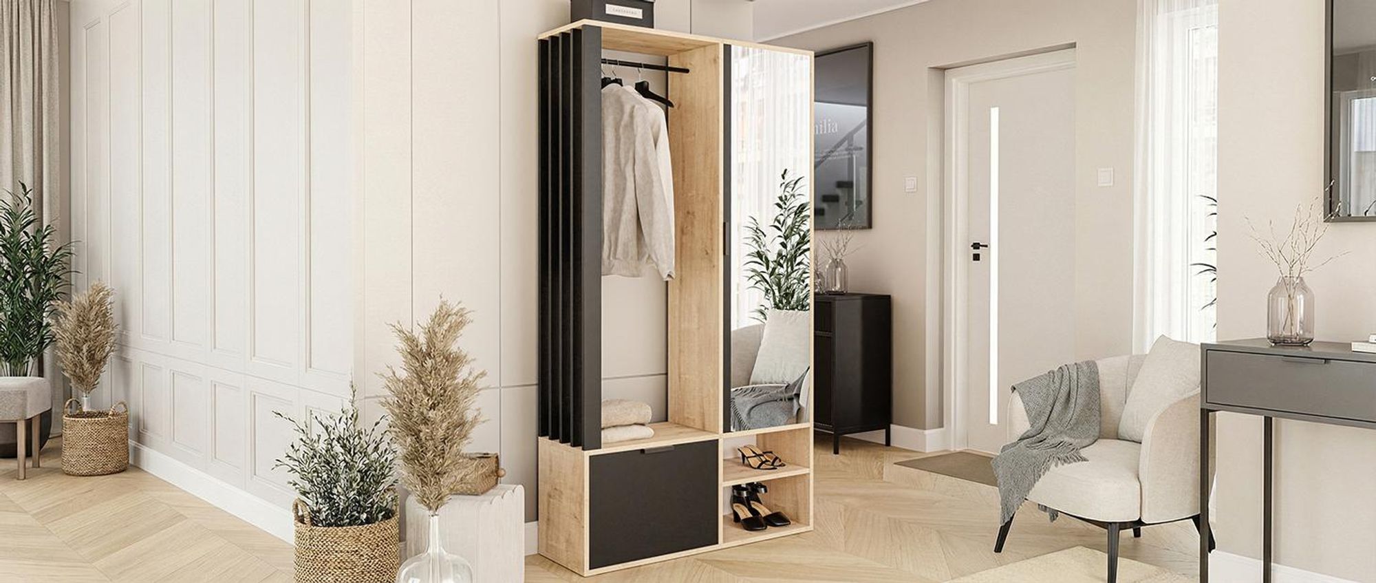 Idohome - Garderobenschrank Milo mit Spiegel, mit Ablagen und Kleiderstange, Farbe: Artisan + Schwarz