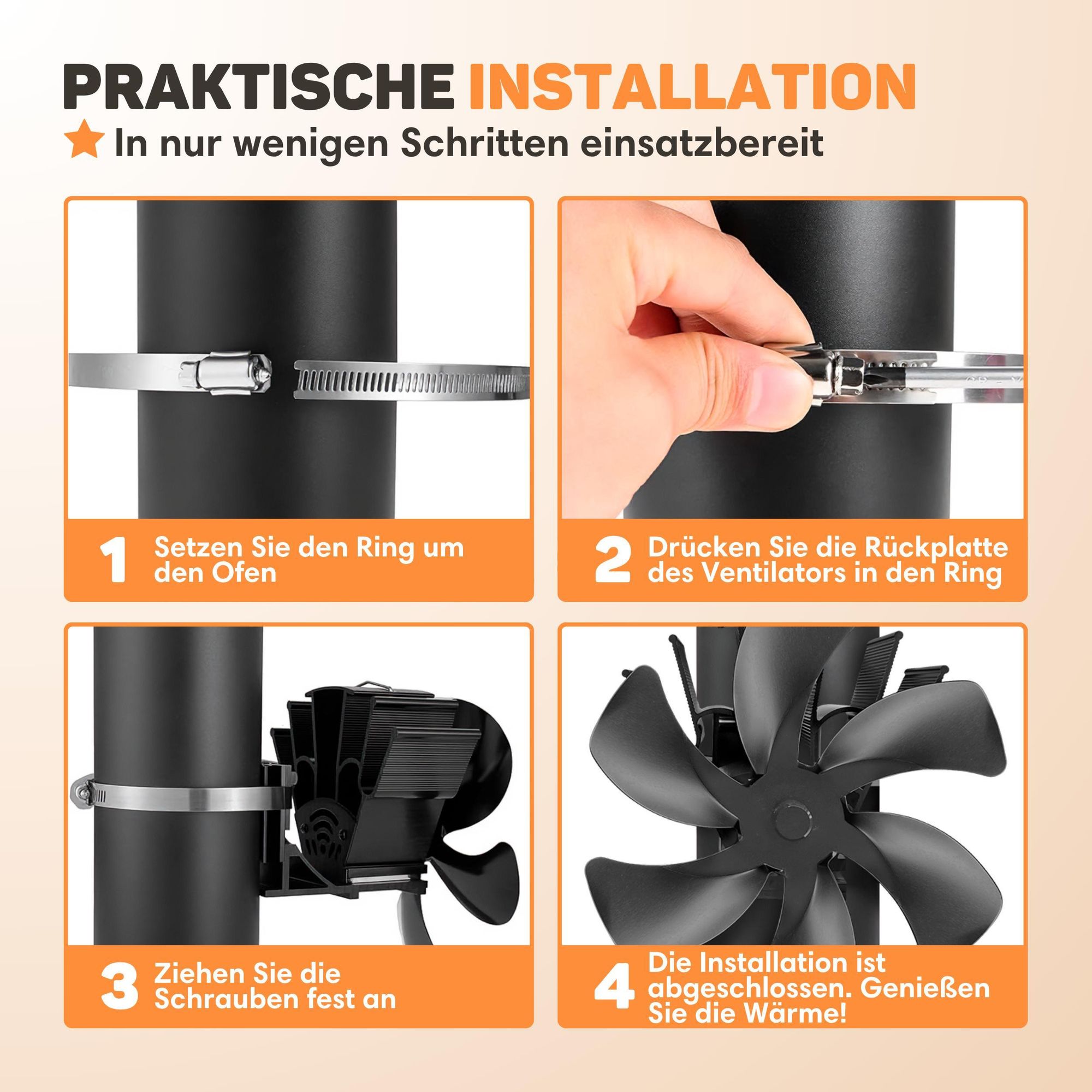 Vulpes Goods Heizungsventilator | Ventilator für Holzofen In freistehendem Design | Kaminventilator - schnelleres Aufheizen des Raumes / 6 Blätter