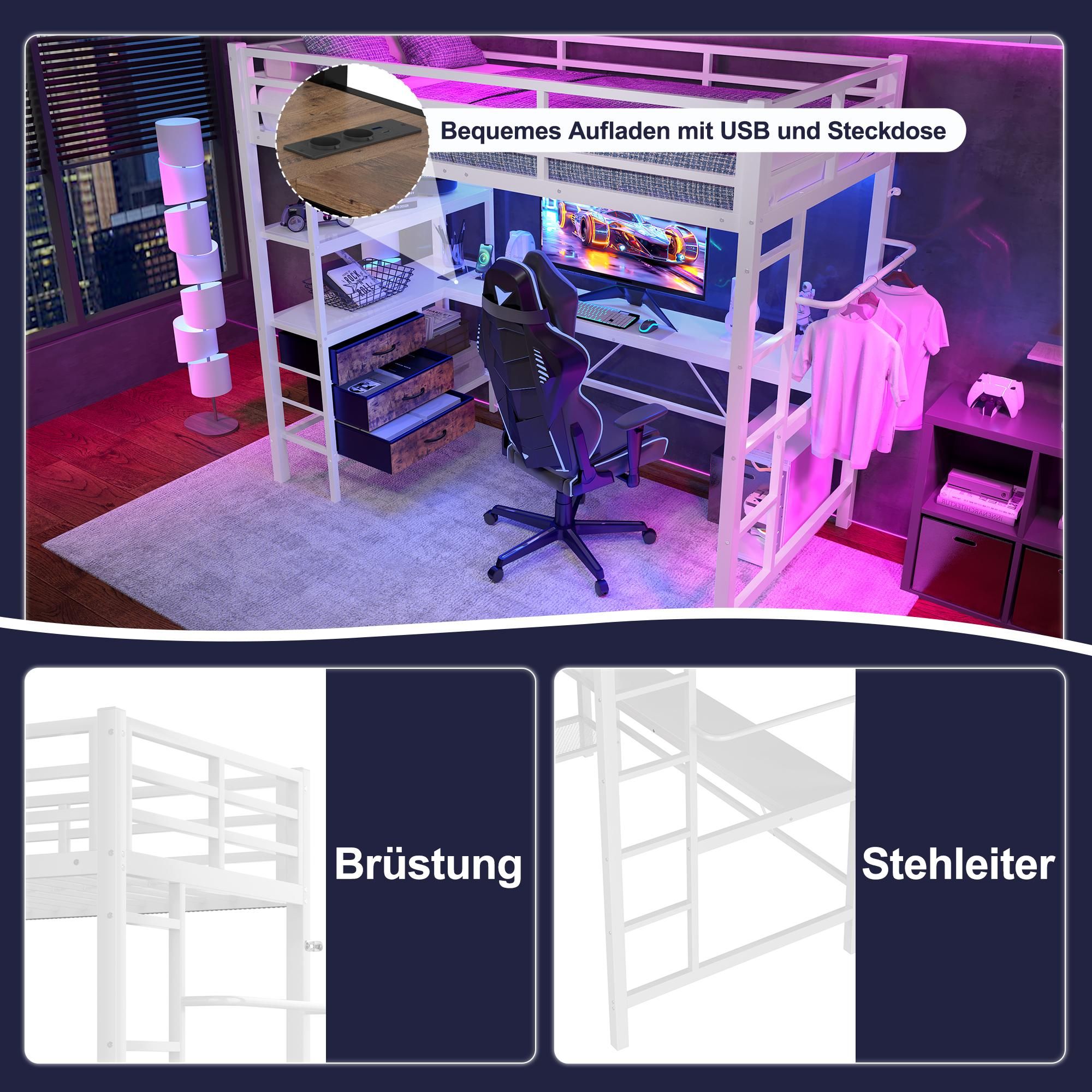 Merax łóżko piętrowe loft 90x200 cm, z LED, biurko z gniazdkiem i USB, 3 szuflady, półki, wieszak, łóżko piętrowe dla dzieci, biały