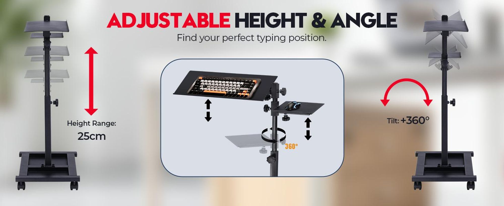 GTPLAYER Tastatur- und Maushalterung höhenverstellbar 58-83cm mit Rollen Tastatur- und Maus-Set Ergonomisch Tastatur- und Mausneigung einstellbar