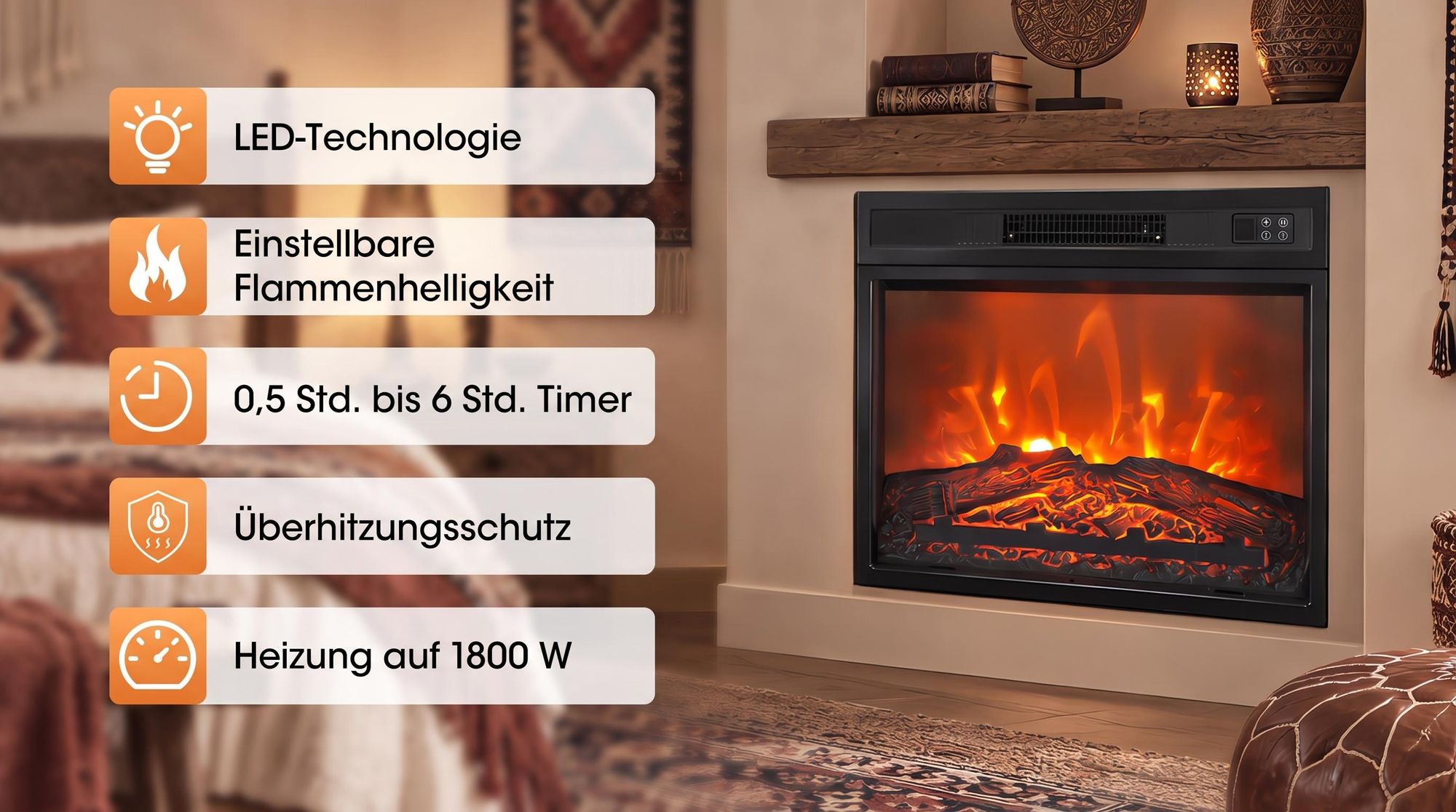Parrot Uncle Elektrischer Kamin, 48.7cm, Schwarz, Einbau-Design, 1800W Heizung, Realistische Flammenoptik, Wohnzimmer & Schlafzimmer, Fernbedienung