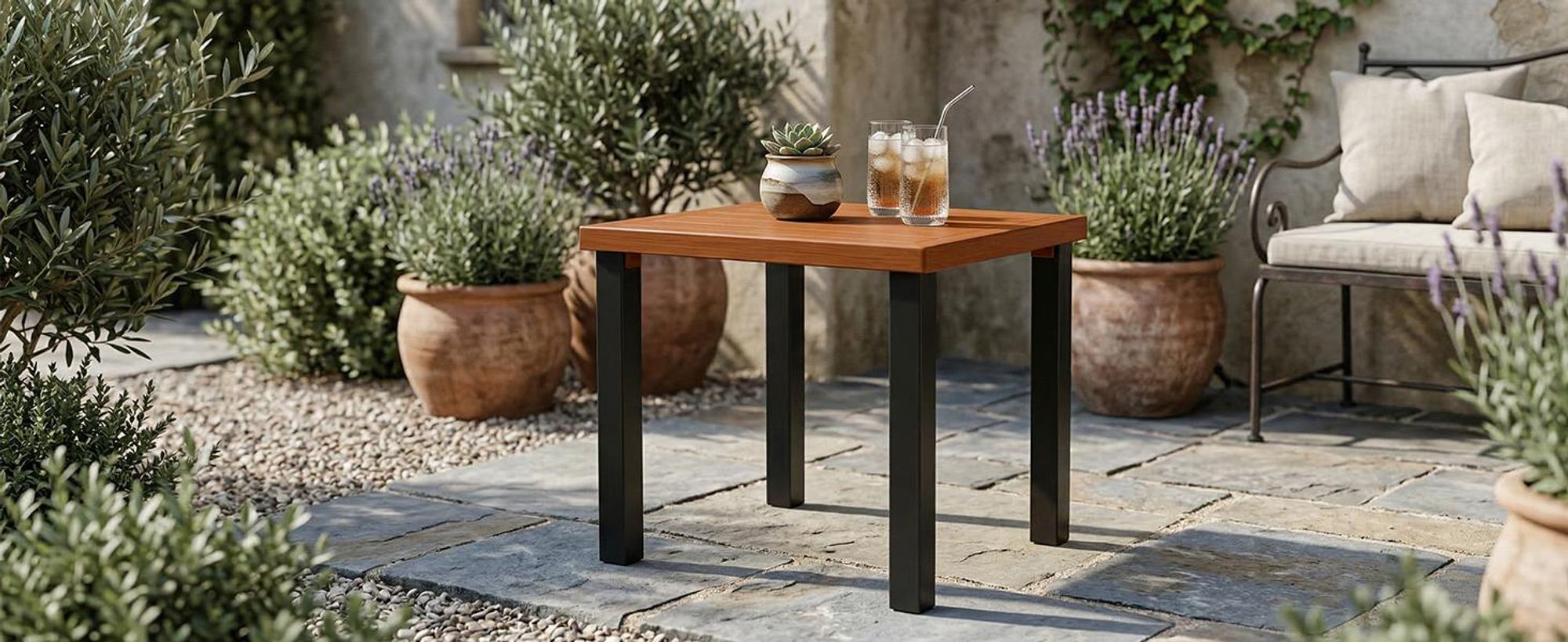 Tribesigns Beistelltisch Outdoor, wetterfester Balkontisch Gartentisch mit Tischplatte in Holzoptik und stabilen schwarzen Metallbeinen für Terrasse