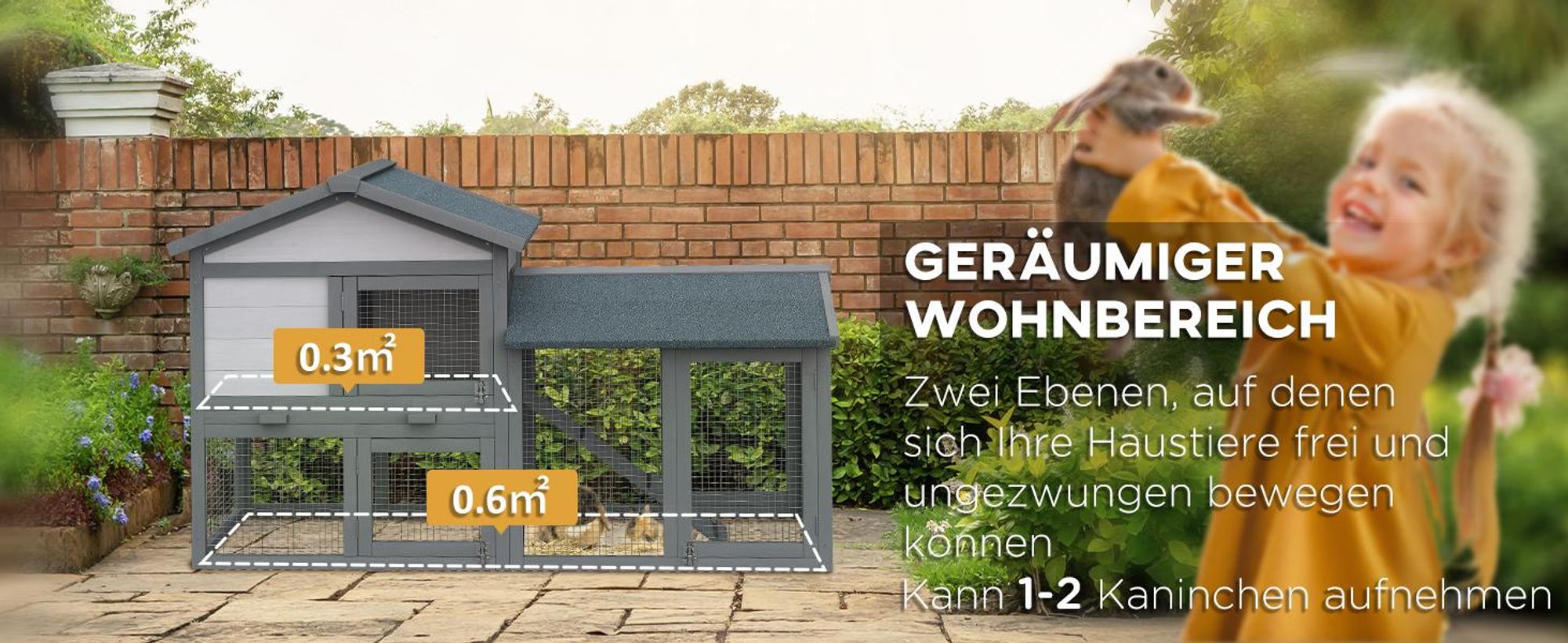 PawHut Kleintierstall mit Freilauf Kleintierkäfig für draußen Tannenholz Grau