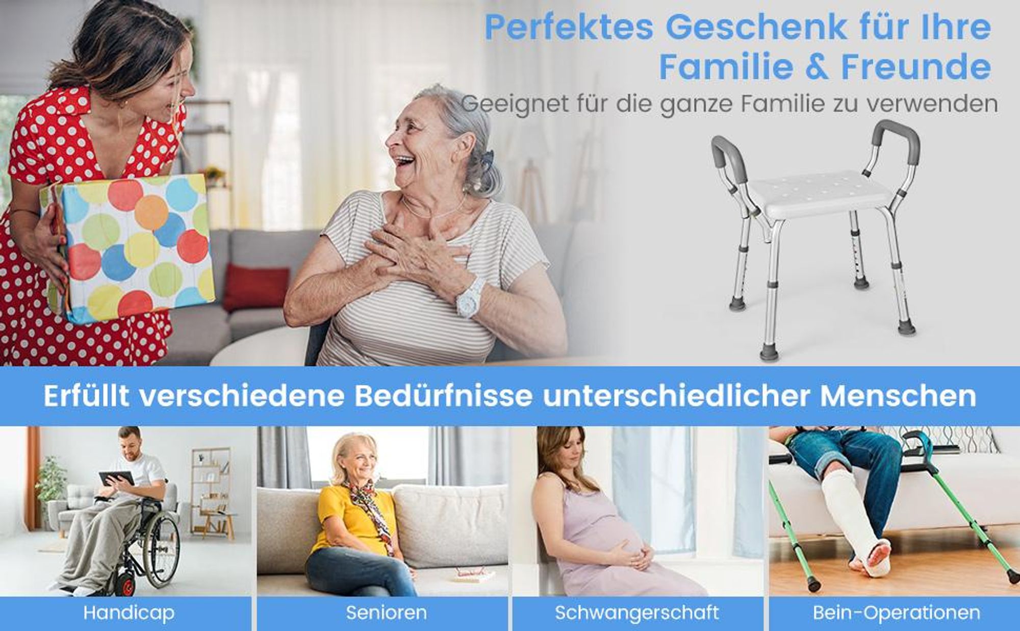 COSTWAY Duschbank mit abnehmbaren, gepolsterten Armlehnen & rutschfesten Gummifüßen, 6-stufig höhenverstellbarer Badehocker, medizinischer Duschstuhl