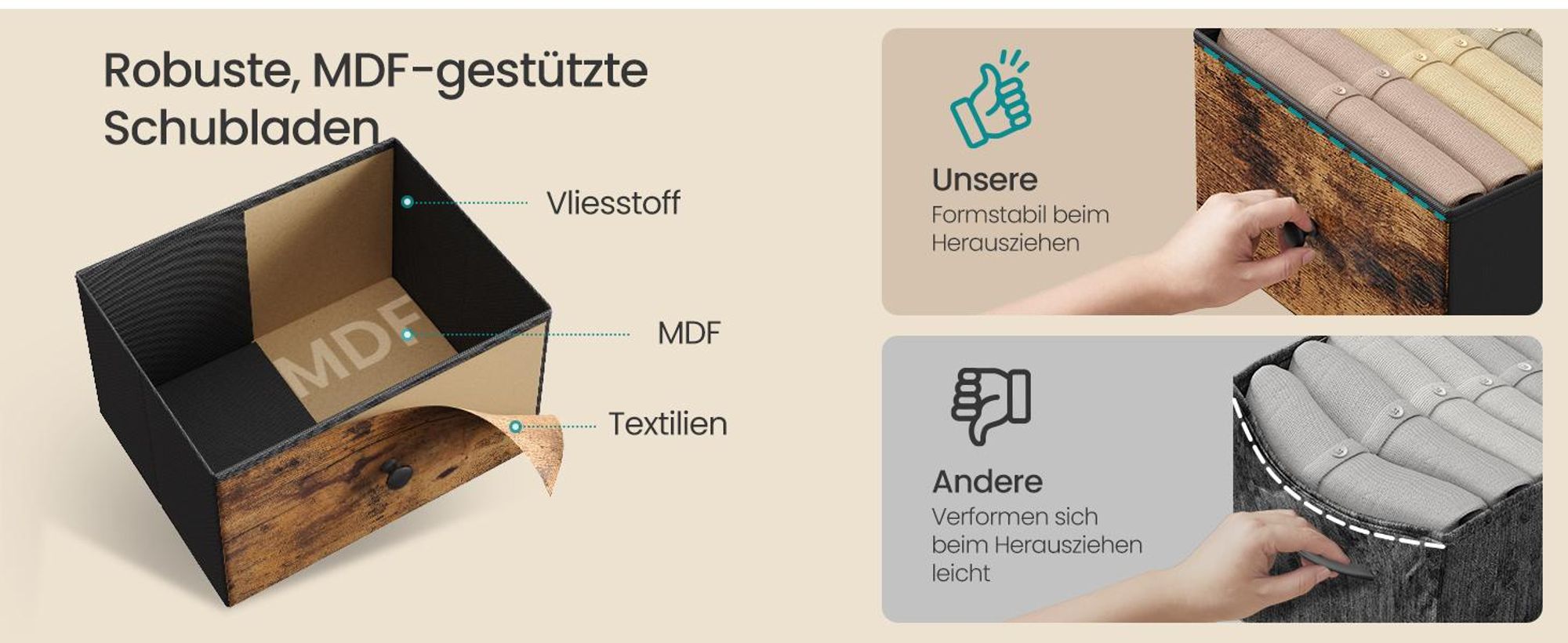 SONGMICS Konsolentisch, Beistelltisch mit 3 Stoffschubladen, schmaler Flurtisch, für Wohnzimmer, Metallrahmen, braun