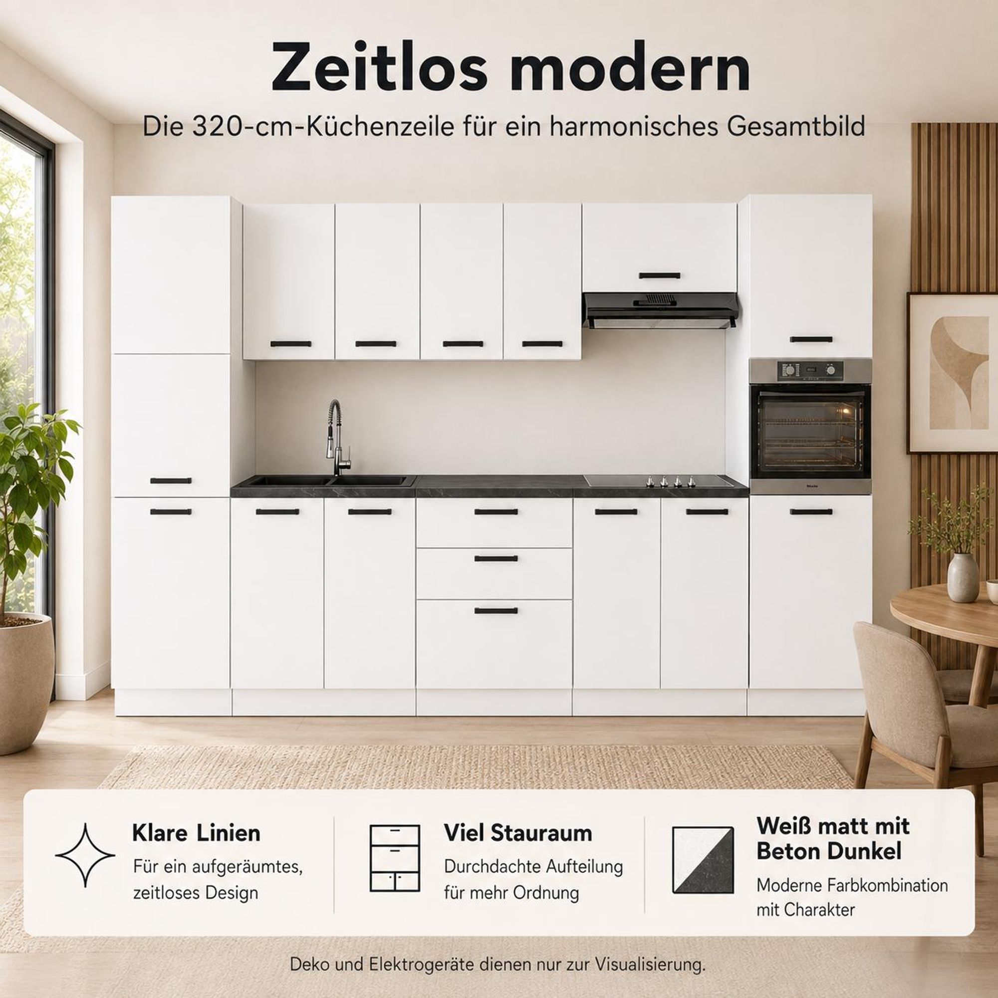 Moderne Küchenzeile 320 cm Weiß matt: Viel Stauraum & elegante Optik