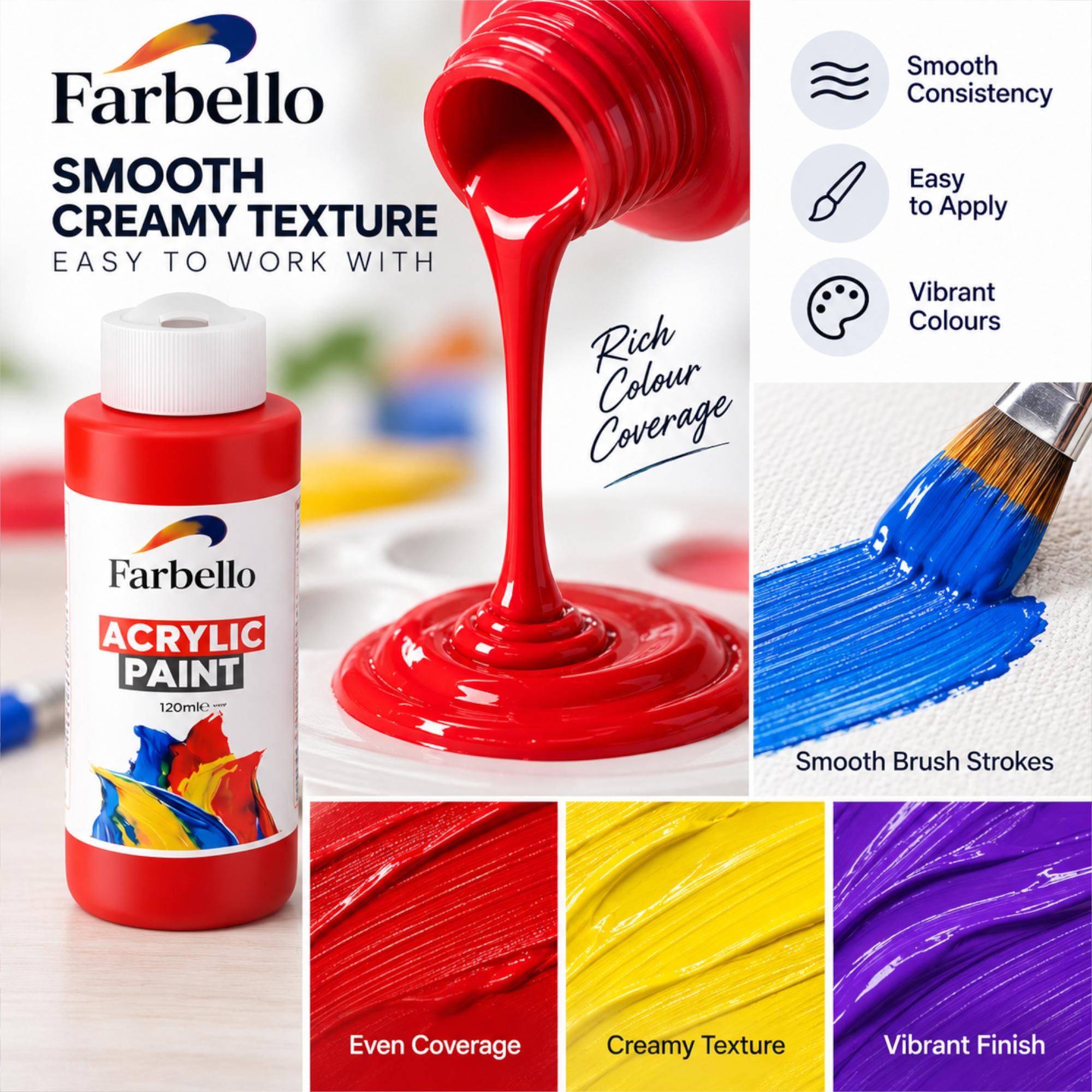 FARBELLO Acrylfarben Set 12 x 120 ml – Hochpigmentiert, Wasserfest, für Leinwand, Holz, Stein & Papier (12 Farben)