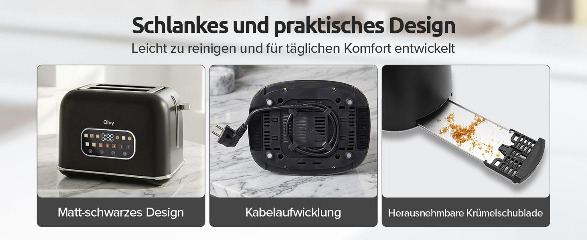 Olvy Toaster, Touchscreen mit Timer, 7 Bräunungsstufen, Extra Breite Schlitze, 6 Programme inkl. Bagel & Waffel, Auftau- & Aufwärmfunktion, Schwarz