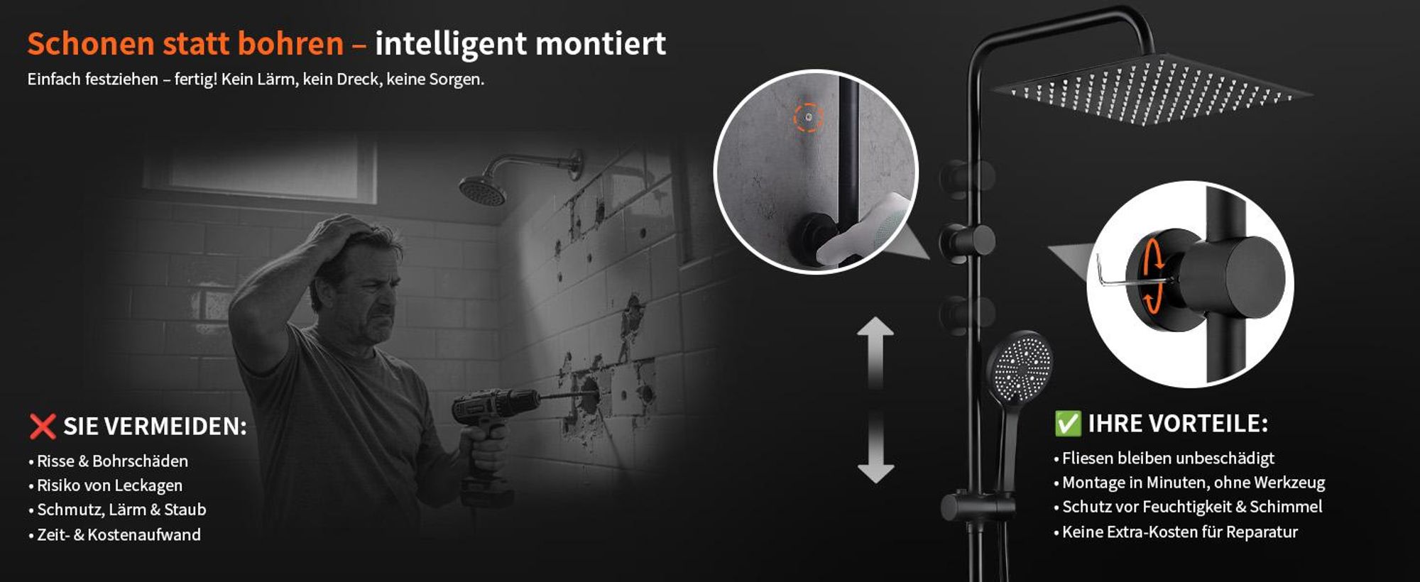 Homelody Duschsystem ohne Armatur, Duschset Duschsäule mit SUS304 Edelstahl Duschablage 30cm kopfbrause & Handbrause Quadratisch 5 Strahlarten Schwarz