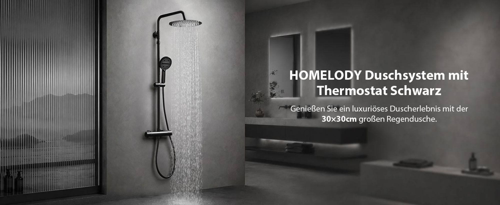 Homelody Duschsystem Thermostat Duschset Schwarz 12" Regendusche 6 Funktionen Handbrause SUS304 Edelstahl Kopfbrause, 38°C Verbrühschutz