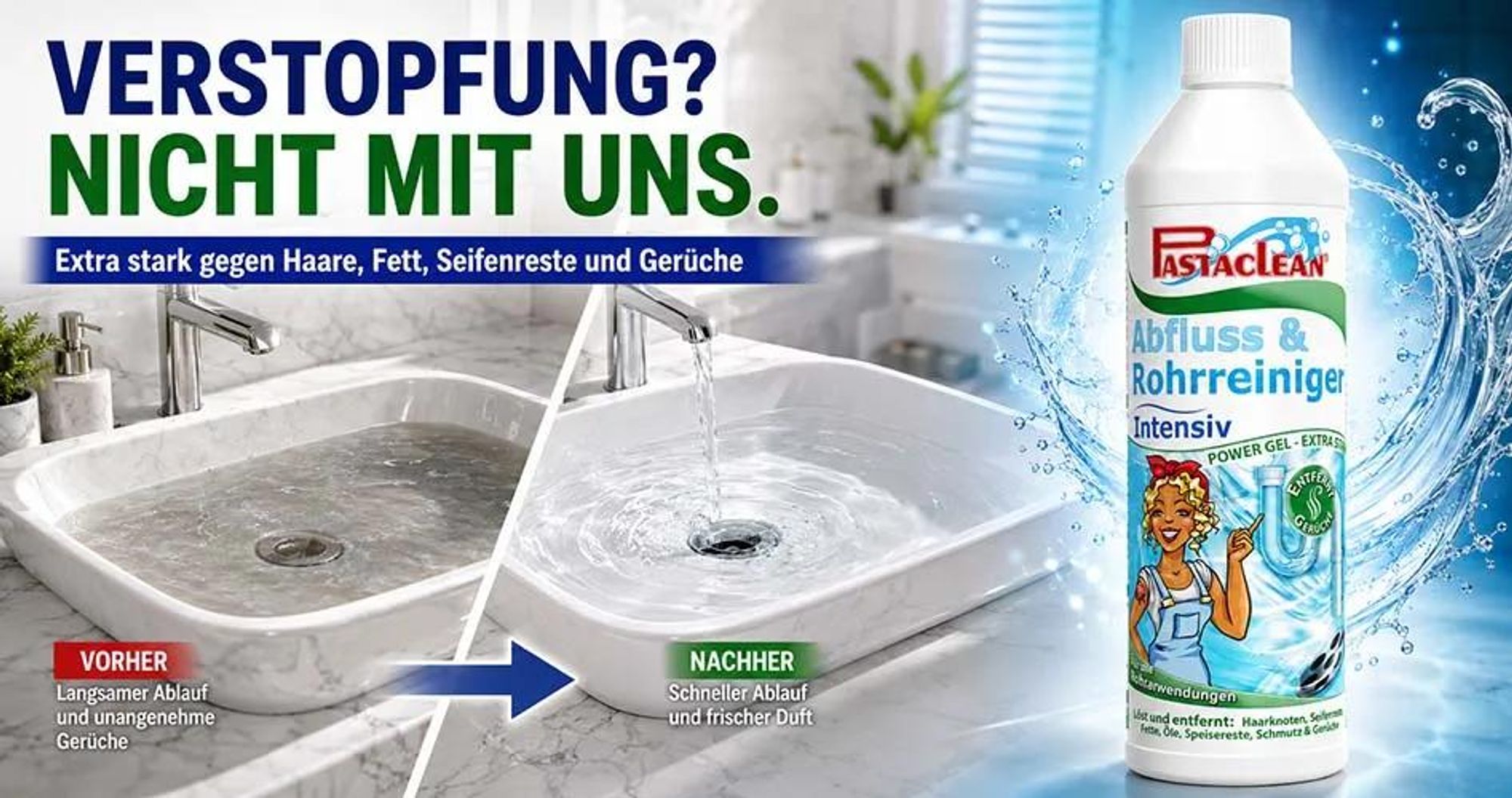 Pastaclean Intensiv Rohrreiniger 2x 750 ml – Abflussreiniger Vorteilspack, löst Haare, Fett & Speisereste, für Spüle, Waschbecken, Dusche & WC