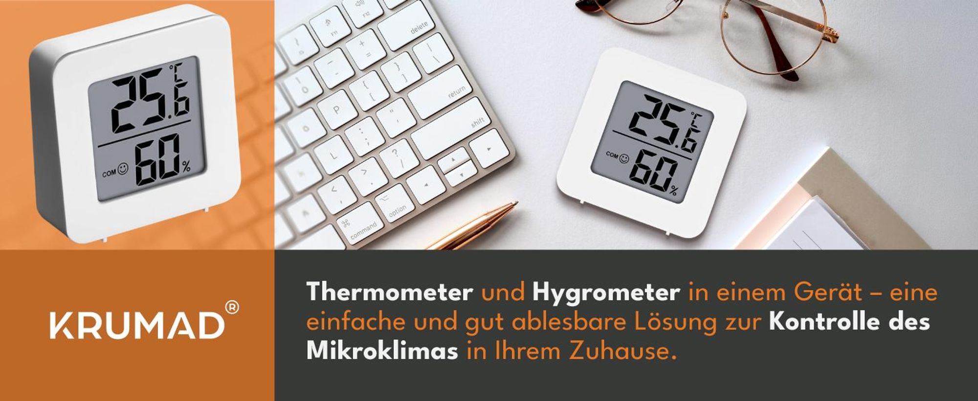 KRUMAD Digitales Thermometer Hygrometer Innen, Mini Raumthermometer mit Luftfeuchtigkeitsmesser, LCD Anzeige für Wohnzimmer Büro Schlafzimmer