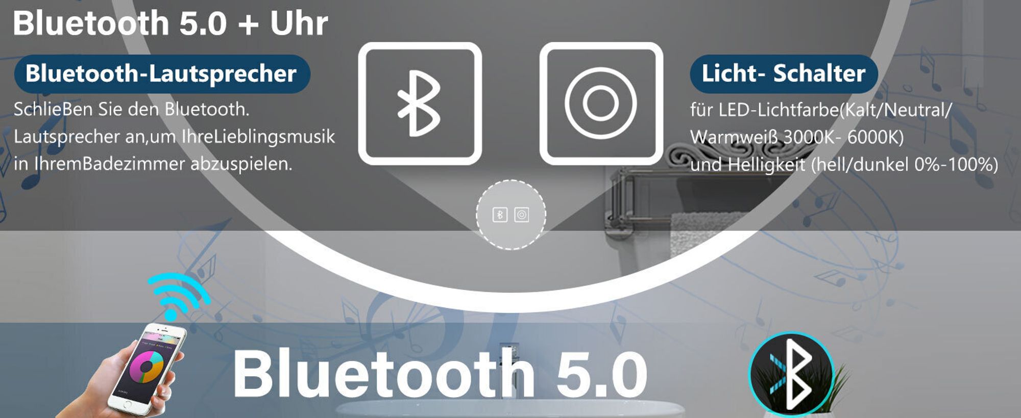 AICA Runder LED Badspiegel 70cm Badezimmerspiegel mit Touchschalter Anti-Beschlag Bluetooth 3 Lichfarbe Dimmbar Memory-Funktion IP44