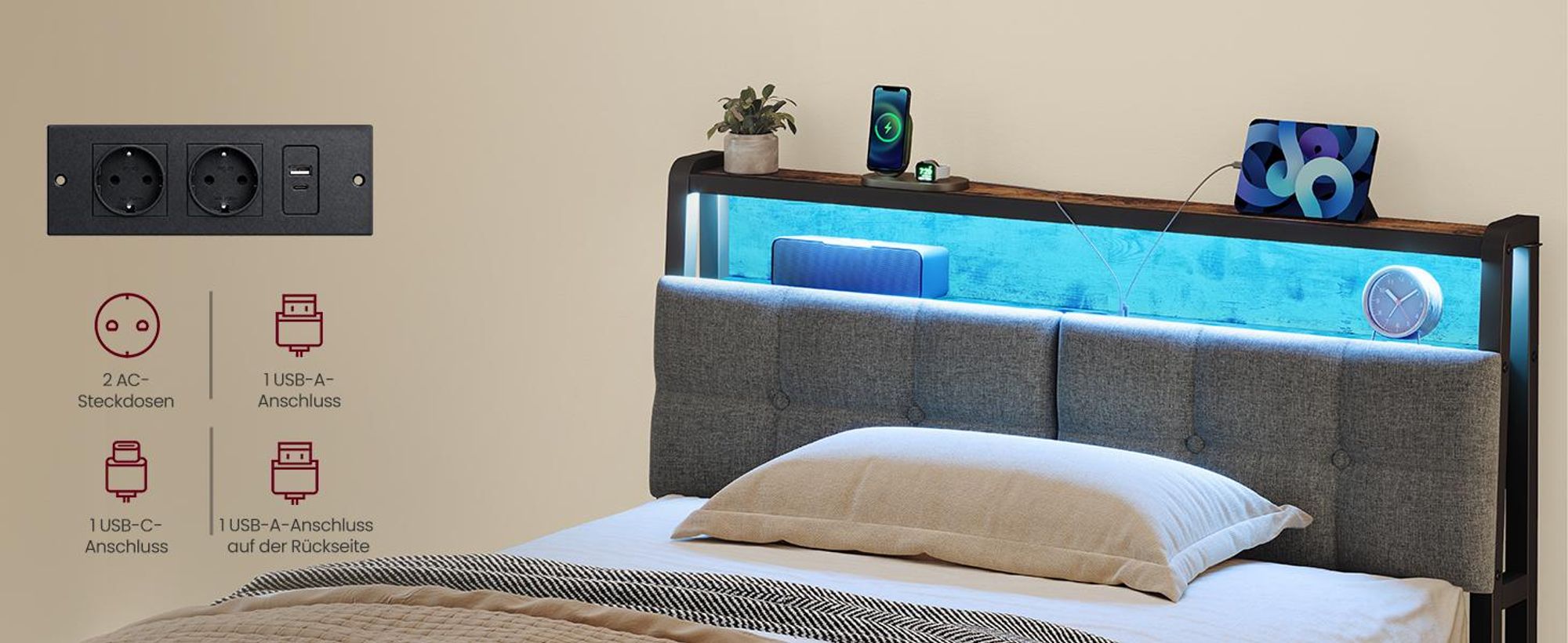 VASAGLE Metallbett 120 x 200 cm mit LED-Beleuchtung, Steckdosen und Stauraum Schwarz