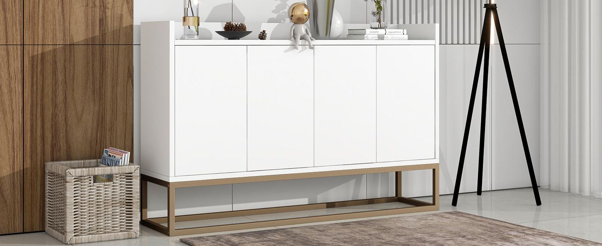 INONEFT Sideboard 4 Türen mit Regalen, 120x30x80cm, Moderne Kommode, Küchenschrank, Sideboard Wohnzimmer, für Esszimmer, Wohnzimmer, Küche, Weiß