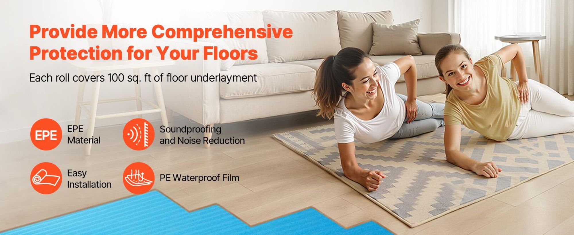 VEVOR Fußbodenunterlage 37,2 m², 3 mm Laminatbodenpolster mit angebrachter Dampfsperre, strapazierfähige Faser+PE-Folie, schalldämmend & geräuschreduzierend für Vinyl- & Holzböden (2 Rollen x 18,6 m²), 300 sq ft-2.0 mm-3 Volumes-EPE
