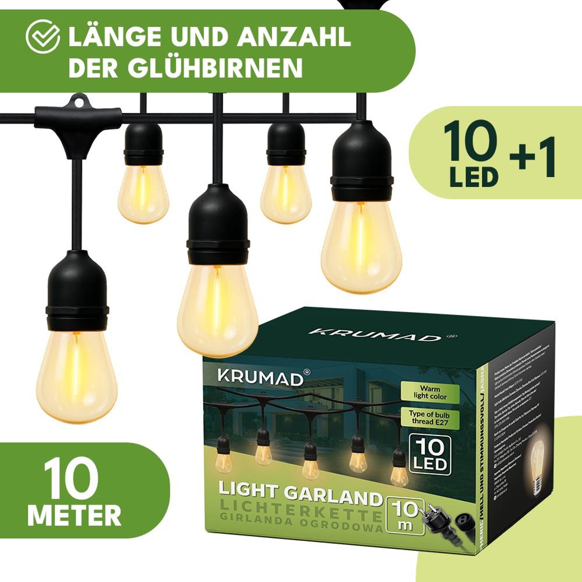 KRUMAD 10m LED Lichterkette Outdoor 10 Kugel LED-Glühbirnen Warmweiß Modern Garten Innen Außen