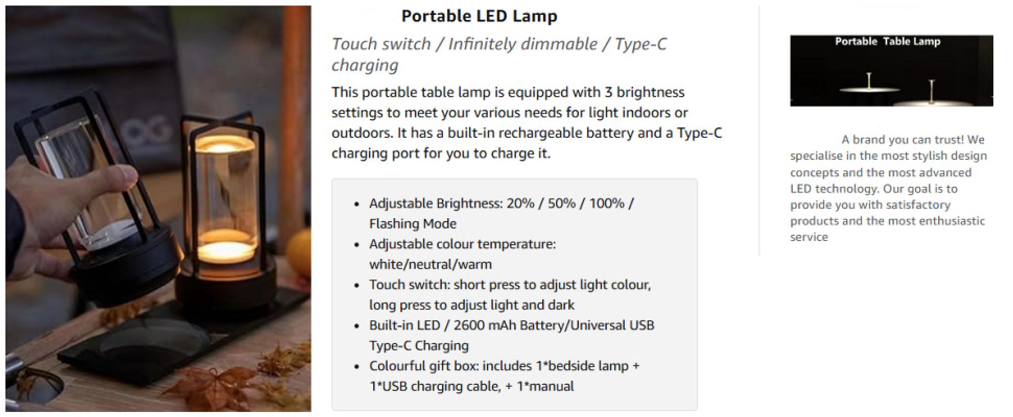 Kabellose dimmbare LED Touch Tischlampe Lampe,3-Farben Stufenlos Dimmbar,Wohnzimmer Nachttischlampen,USB wiederaufladbar Campinglampen,Gold