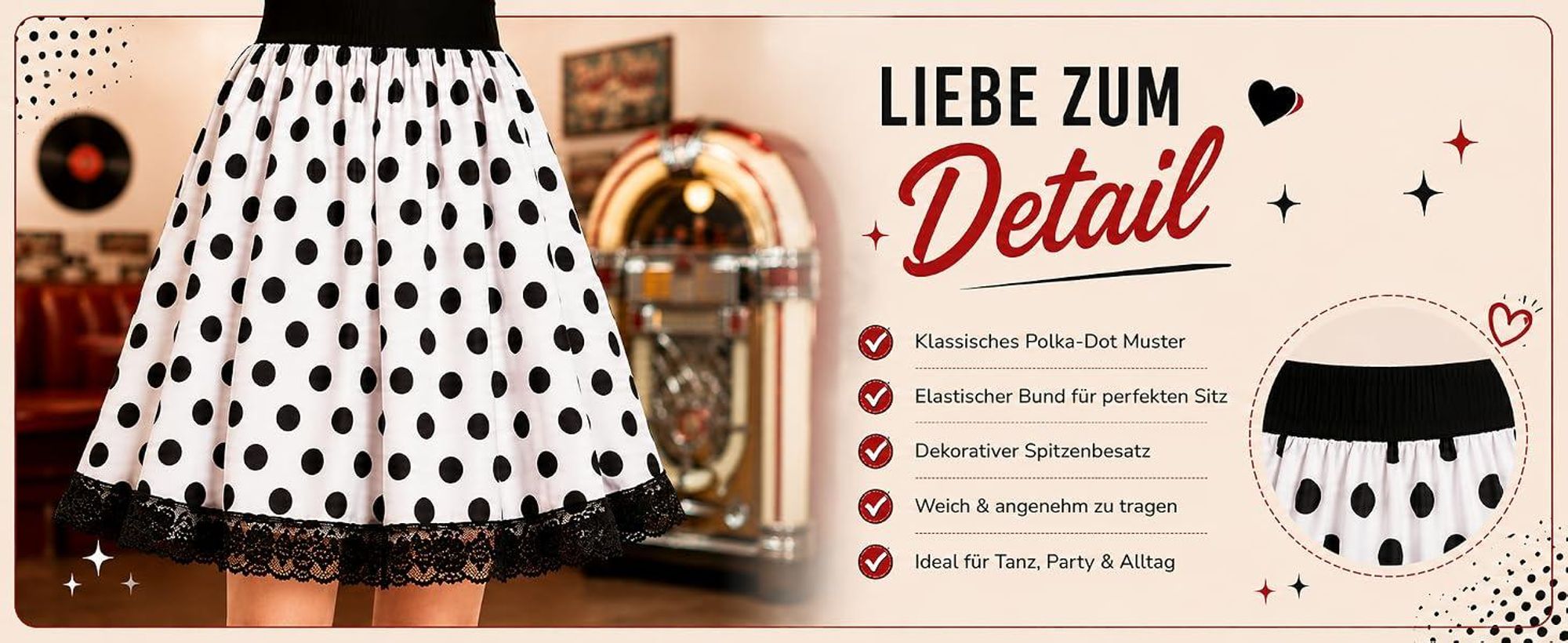 Rockabilly Rock 50er Jahre Schwarz Weiß Vintage Tellerrock im Rock'n'Roll Stil mit klassischem Polka-Dot-Muster (34)