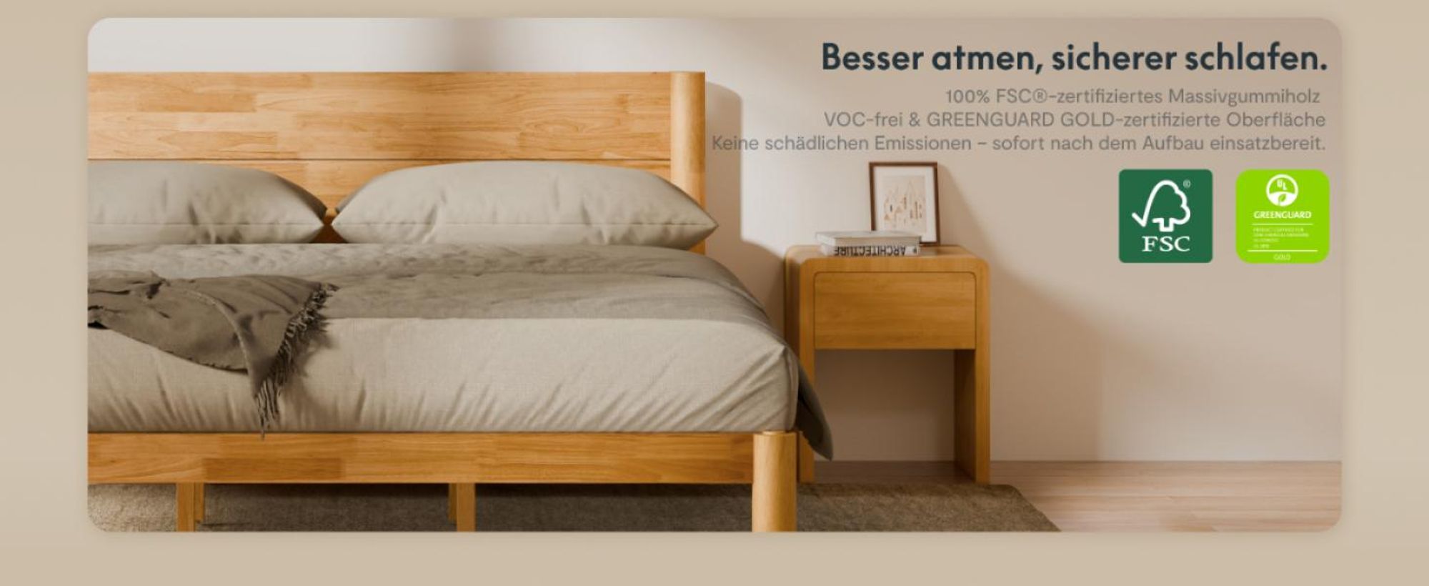 FLEXISPOT Massivholzbett 160x200cm aus Gummibaumholz, Doppelbett mit Kopfteil und Lattenrost, Japandi-Bett, bis 700KG, Rundzapfenkonstruktion, Hako G2