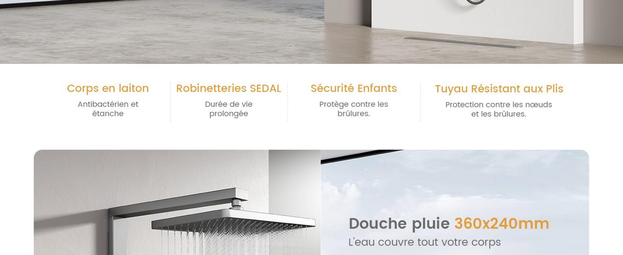 EMKE Système de douche avec thermostat Colonne de douche Anthracite mat avec 360×240mm douche à effet pluie carrée, bec de baignoire, régulateur de débit & tablette en verre F27