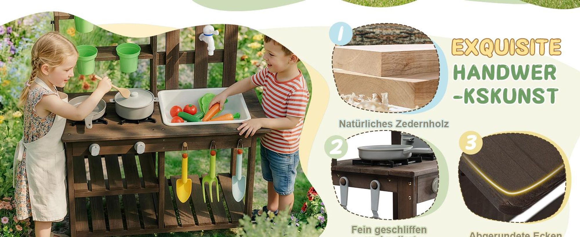 FCH Holz Matschküche mit Pflanzentöpfen & Werkzeugen,2-in-1 Koch- & Gartenspiel,Spielküche aus Holz,Gartenküche für Kinder