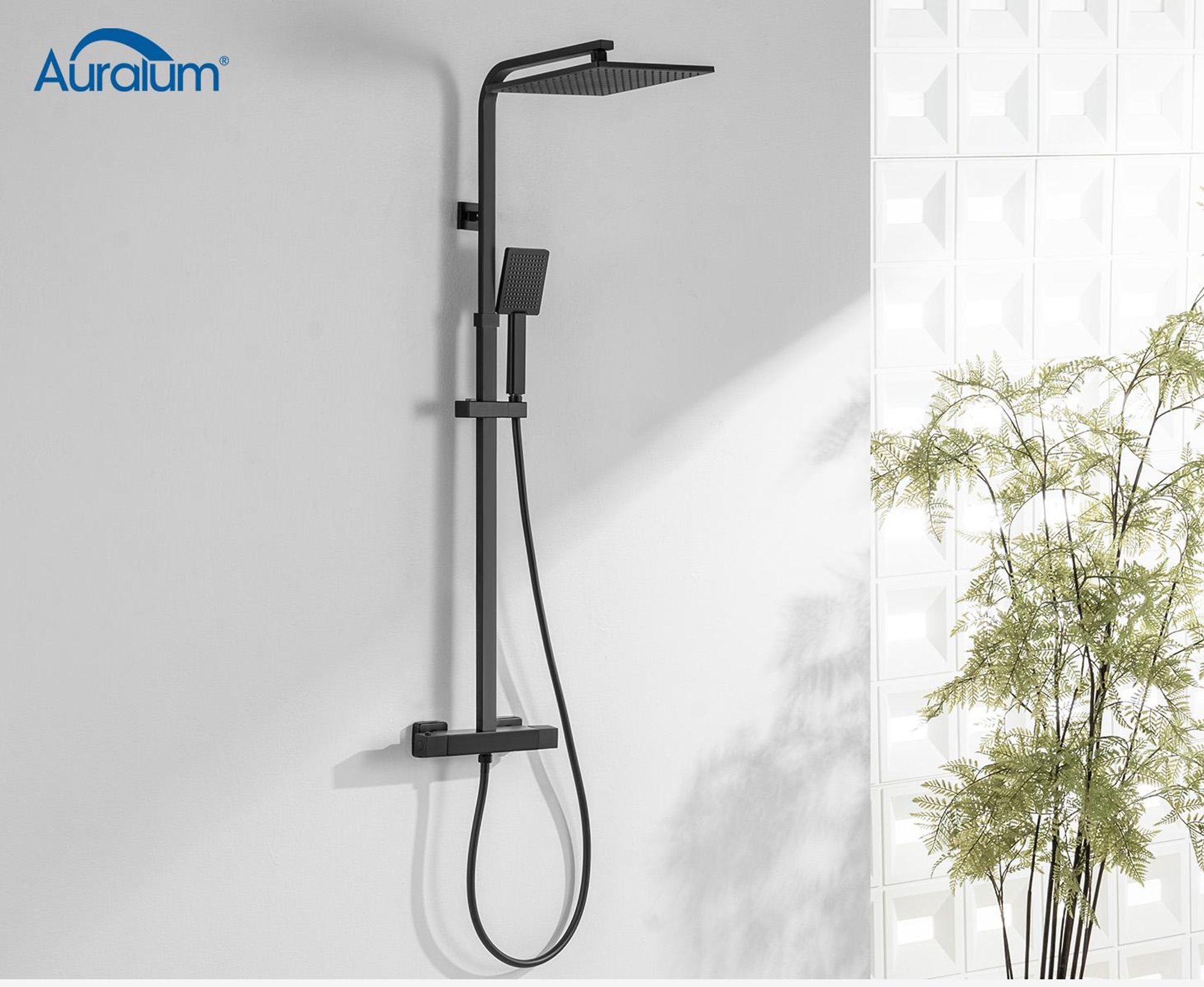 Auralum Duschsystem mit 38 °C Thermostat Duscharmatur Regendusche Duschset Dusch mit Handbrause, Schwarz
