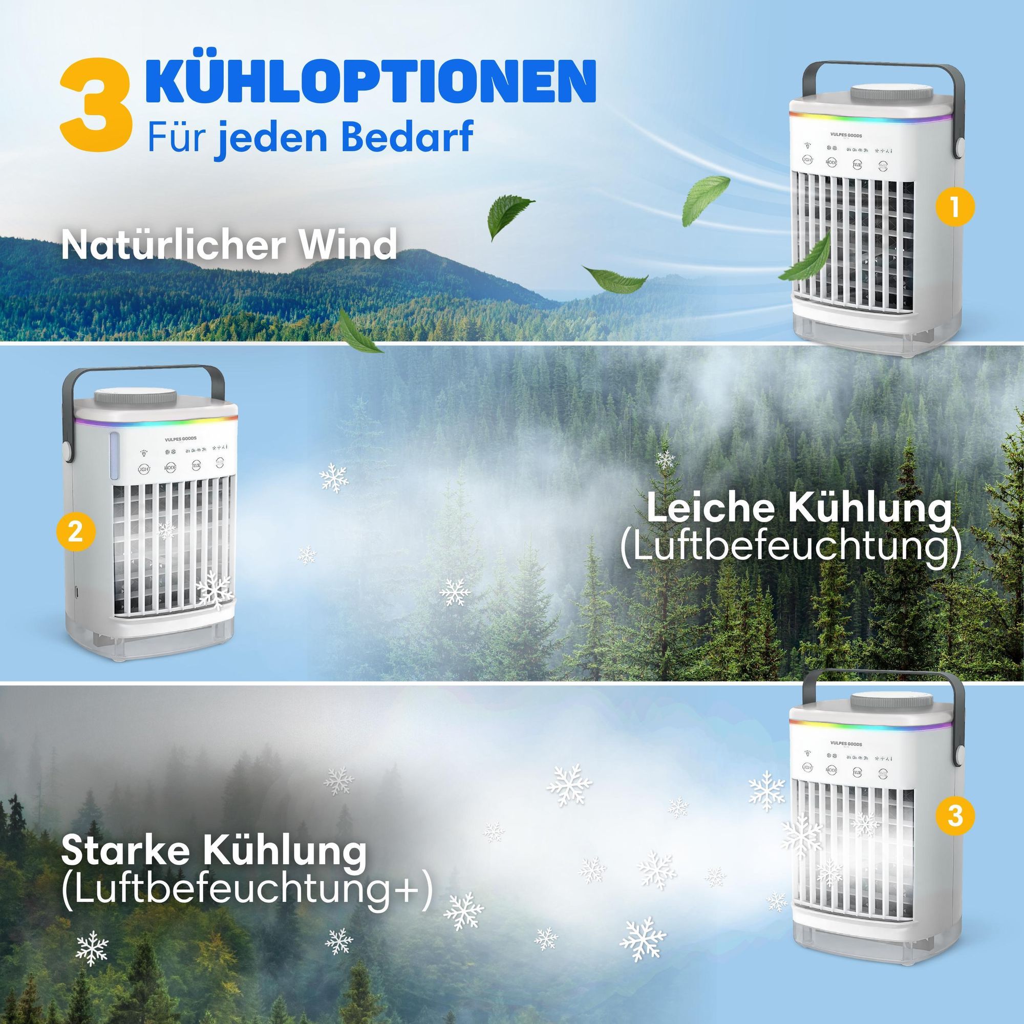 Vulpes Goods Mini-Klimaanlage, Mobile Klimaanlage, Luftkühler 4-in-1, 4 Windgeschwindigkeiten, 2 Luftbefeuchtungsmodi, Timer, Auslaufsicher