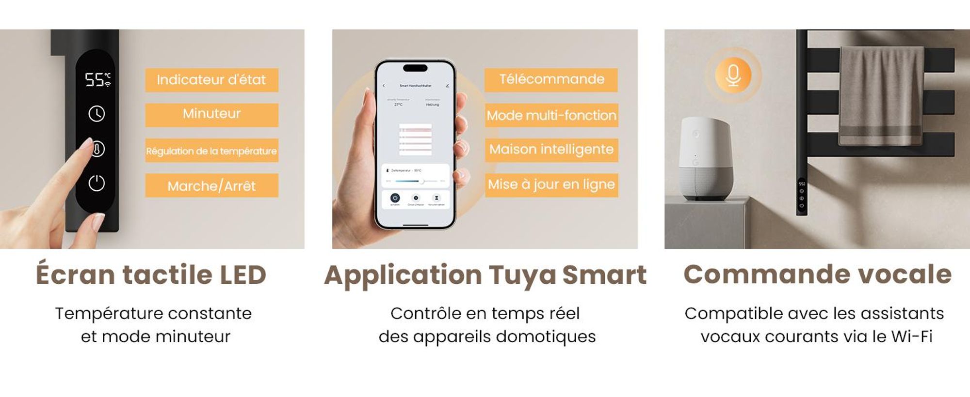EMKE Sèche-serviettes électrique avec porte-serviettes pivotant et tablette, Thermostat WiFi,vocale, Minuterie, 76x45x14 cm noir