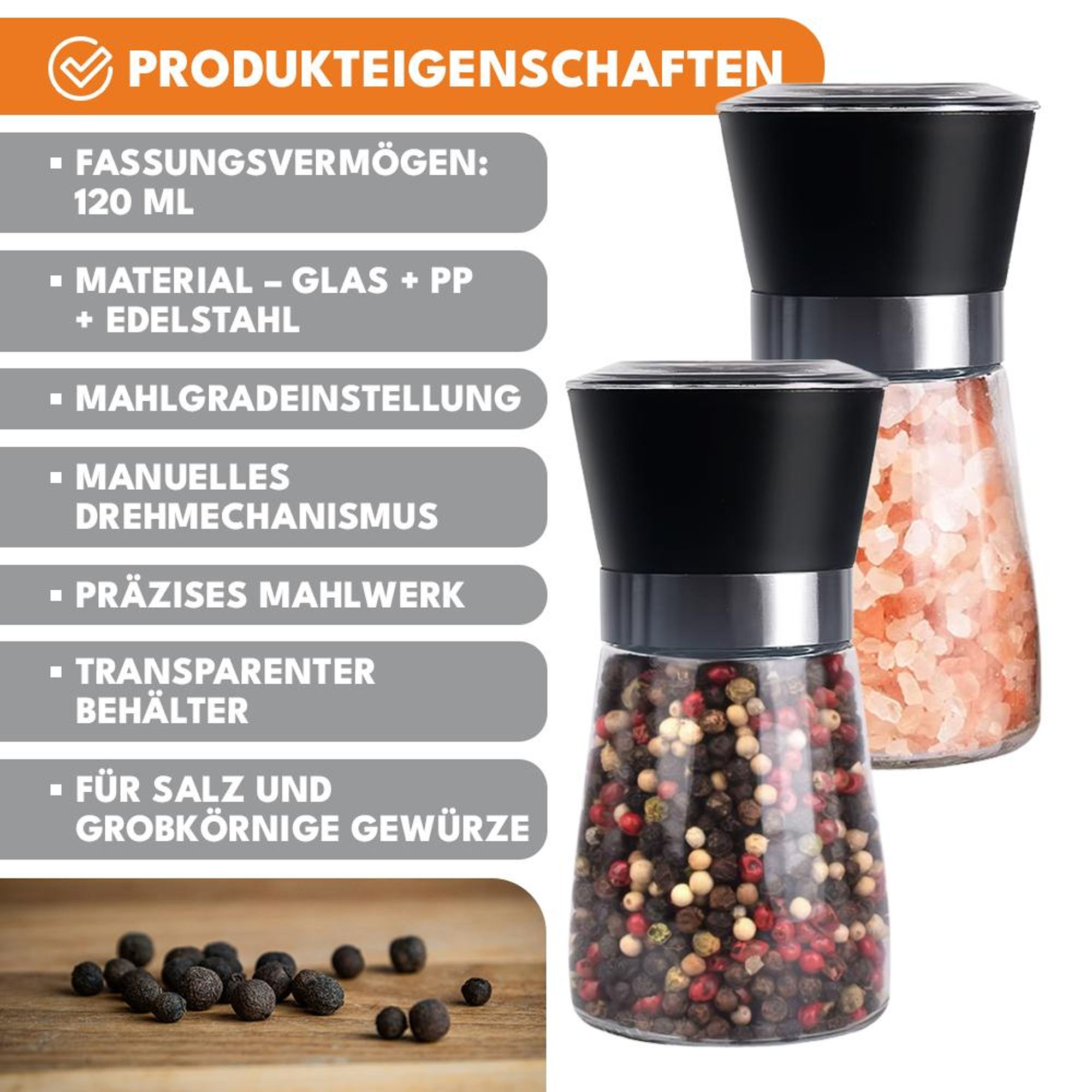 KRUMAD Salz- und Pfeffermühle Set 2er, Gewürzmühle aus Glas mit Keramikmahlwerk, einstellbarer Mahlgrad, Salzmühle & Pfeffermühle