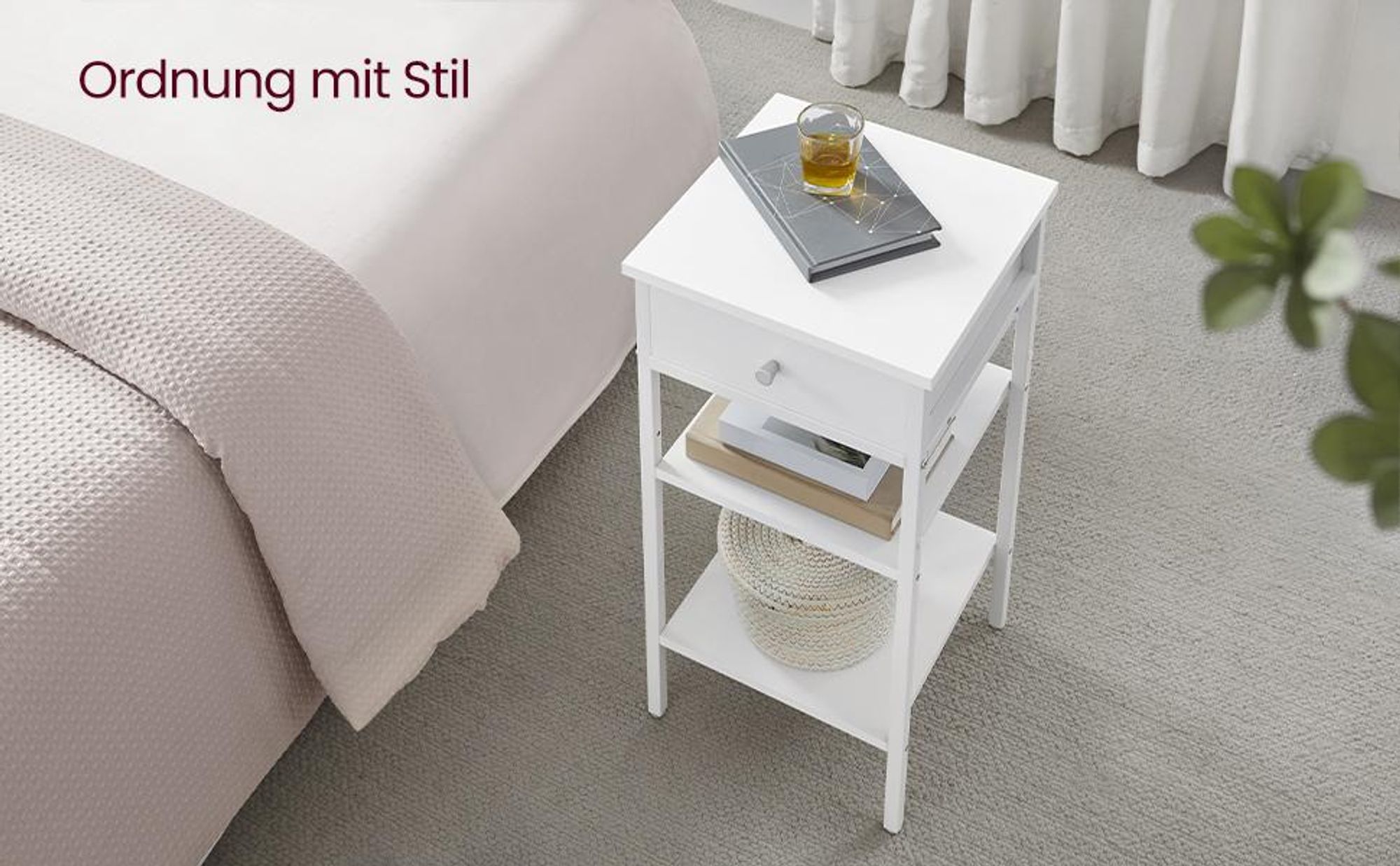 VASAGLE Nachttisch (1-St), mit Schublade, 2 Ablagen, Höhe 70 cm, weiß