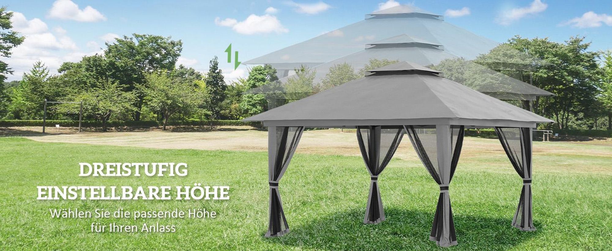 Outsunny Faltpavillon 4 x 4 m, Gartenpavillon mit 4 Netzwänden, UV-Schutz Grau