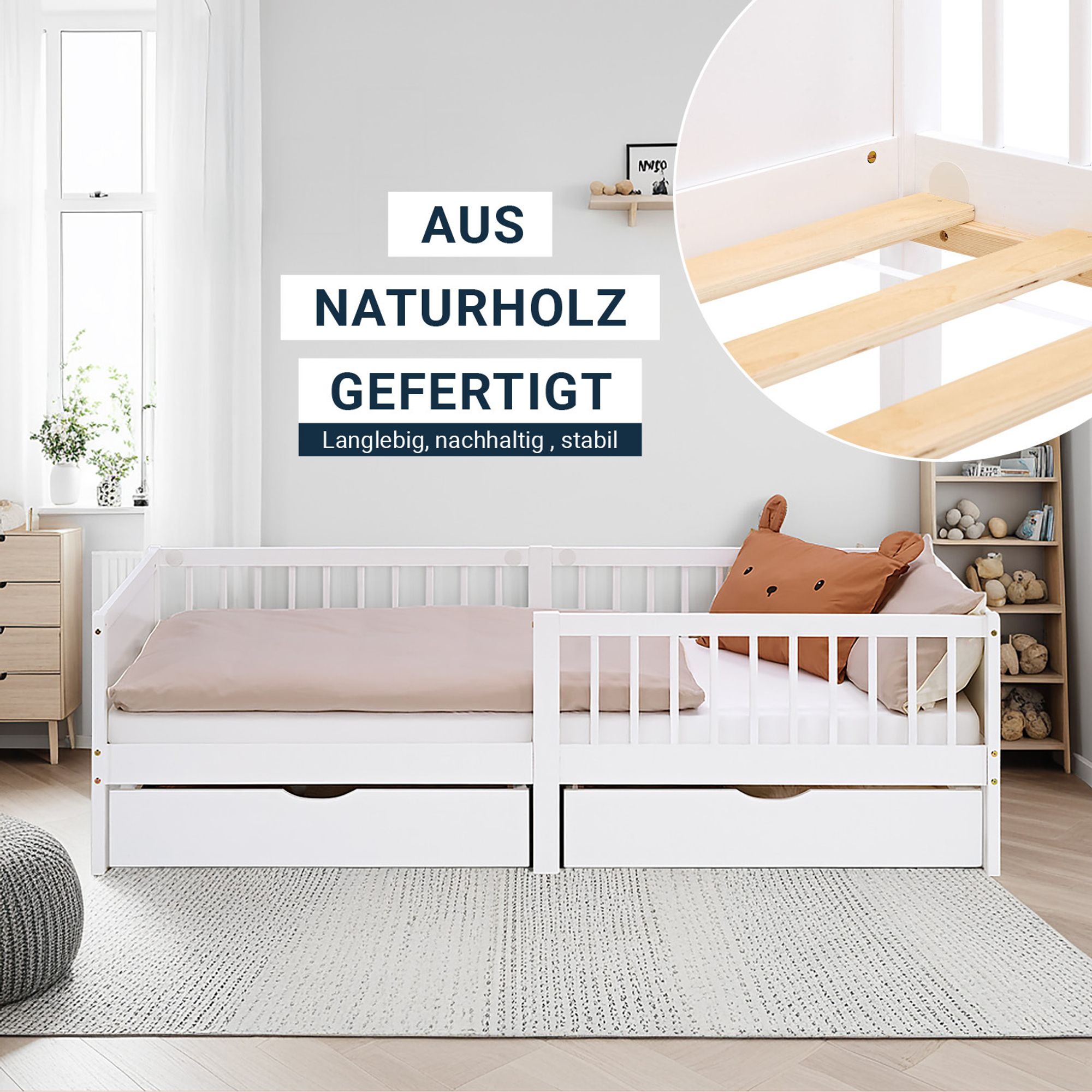 modernes Kinderbett mit Rausfallschutz, Lattenrost und 2 Bettkästen