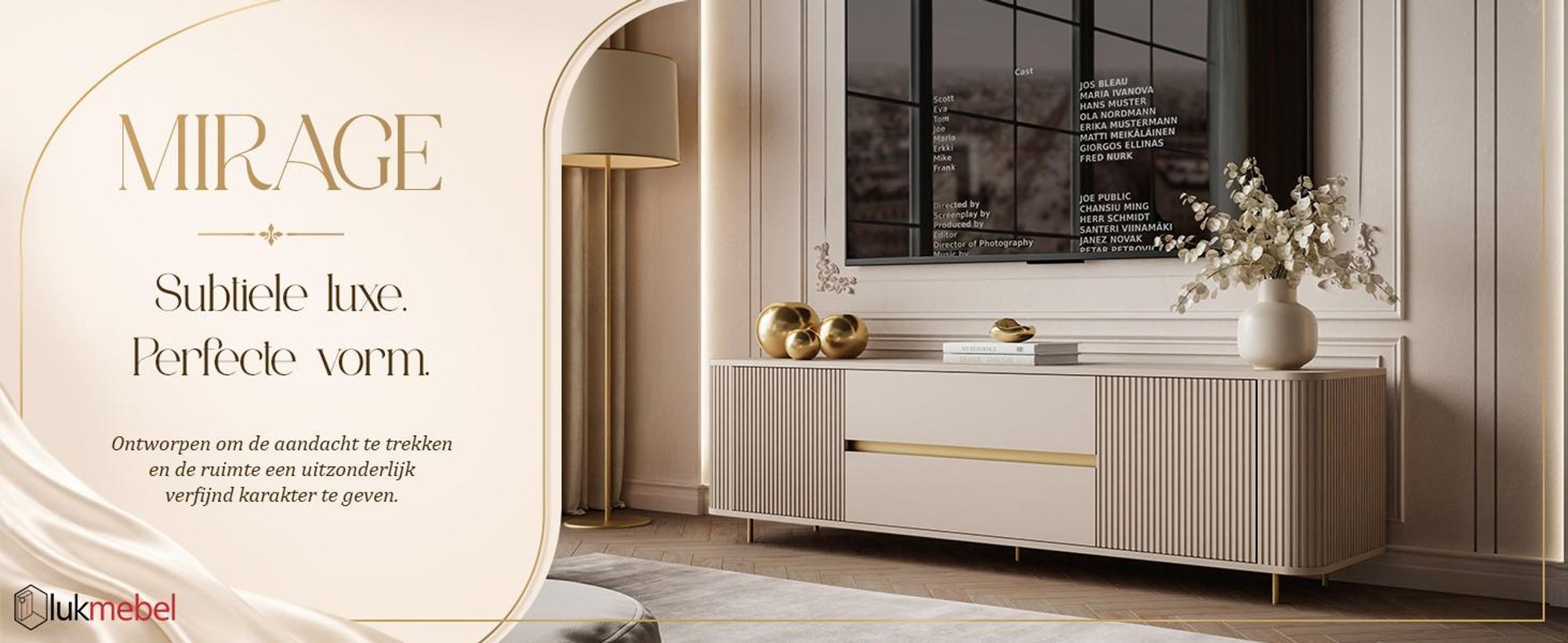 TV-meubel MIRAGE GOLD, 180 cm, met geribde frezingen