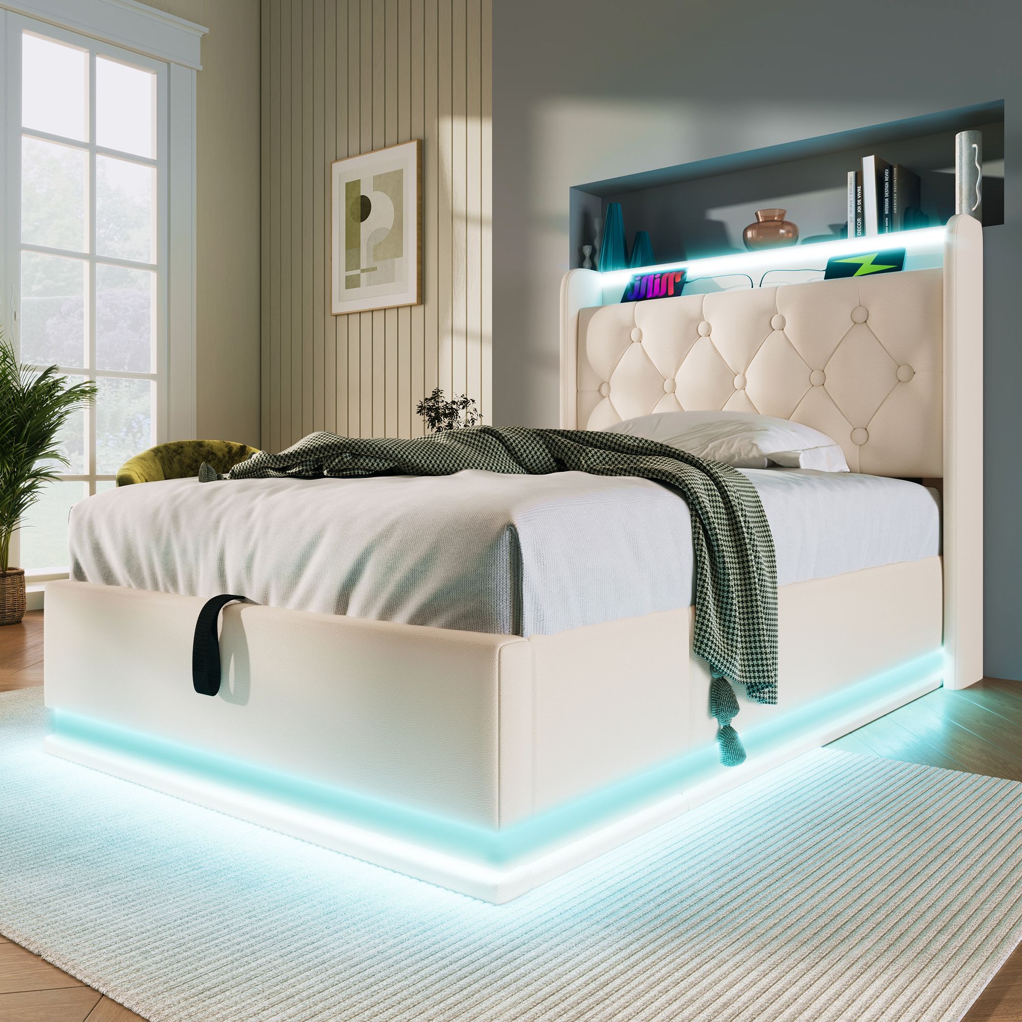 Flieks Polsterbett 90x200cm mit Ladefunktion (USB&Typ-c), Jugendbett Einzelbett Stauraumbett mit LED, Hydraulisches Boxspringbett, PU, Weiß