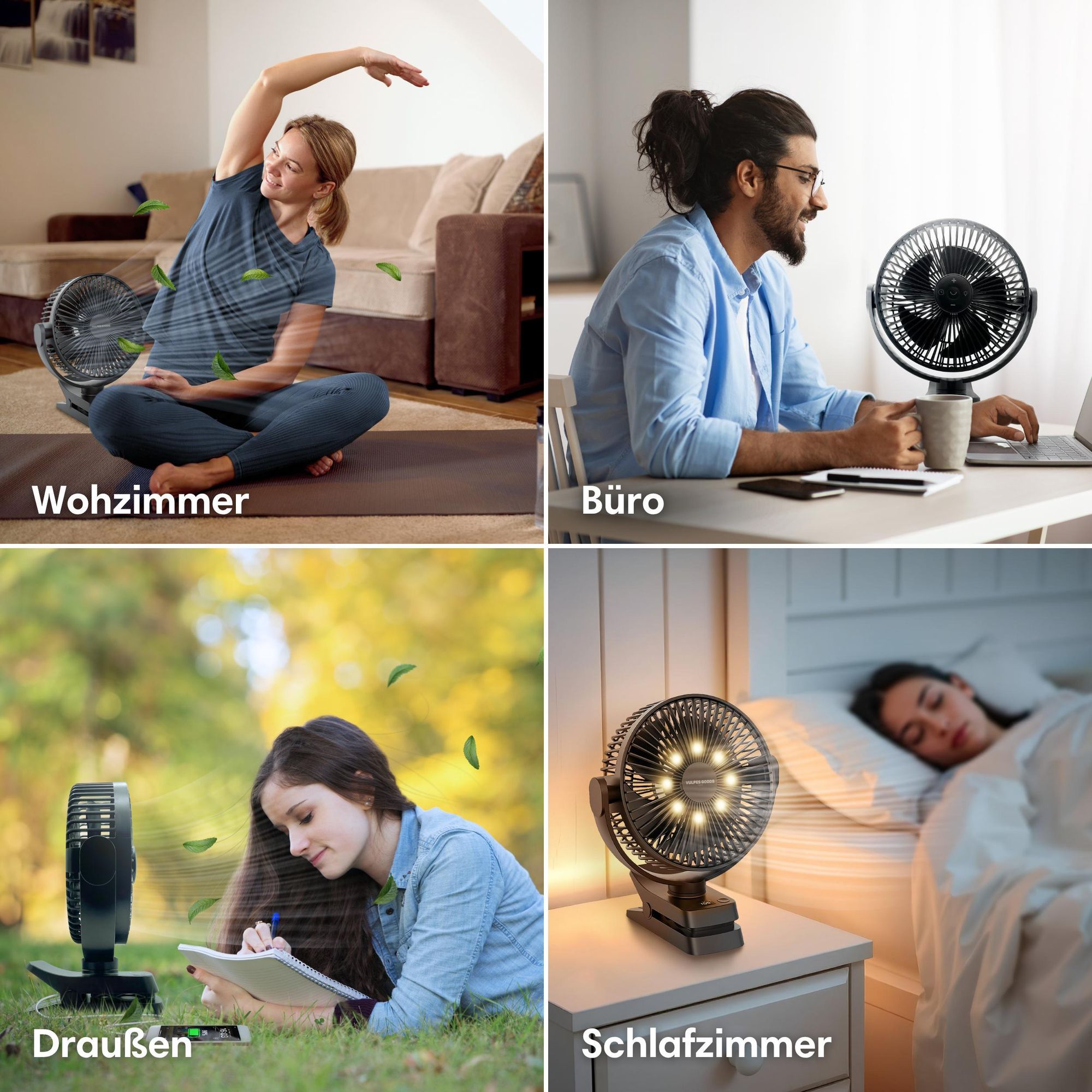 Vulpes Goods Tischventilator, wiederaufladbar und kabellos, leiser Ventilator mit Fernbedienung, 5 Geschwindigkeiten, Beleuchtung & Powerbank-Funktion