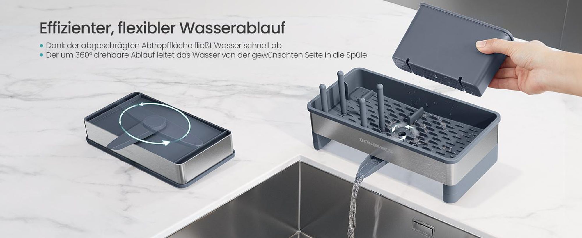 SONGMICS Spülbecken-Organizer mit Schwammhalter, Küchen-Organizer aus Edelstahl, für Spülmittel, Bürsten, grau-silbern