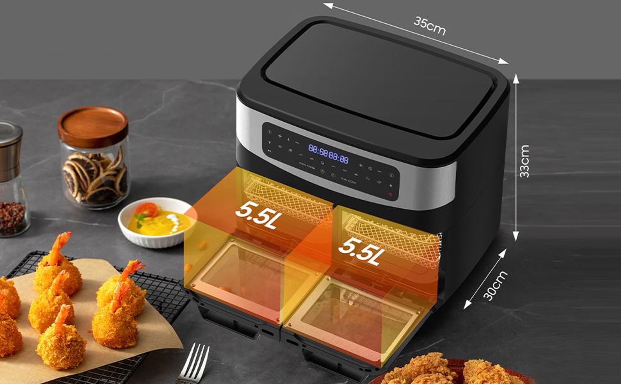 Heißluftfritteuse 12 L Dual Zone 2600 W, XXL Airfryer ohne Öl mit 2 unabhängigen Garzonen, Digital LED-Touchscreen, fettarm, ideal für Familien