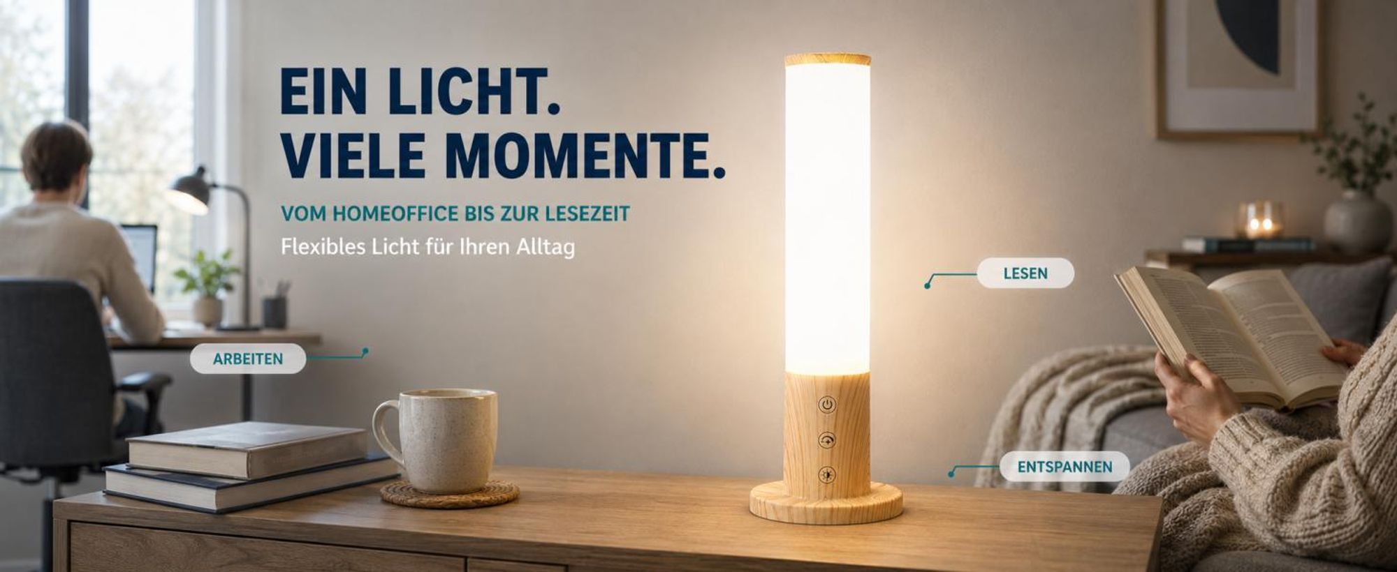 Lichttherapielampe 10000 Lux, 360° Tageslichtlampe in Holzoptik für den Schreibtisch, UV-frei, 3 Farbtemperaturen, 5 Stufen & stufenlos dimmbar, Touch
