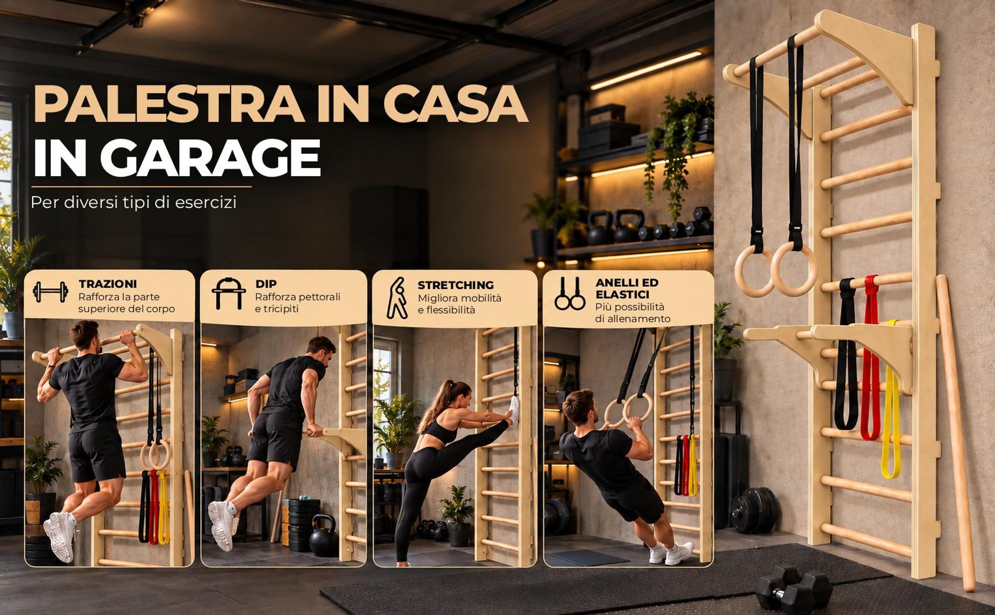 MAMOI Spalliera con barra trazioni, elastici e bastone per stretching