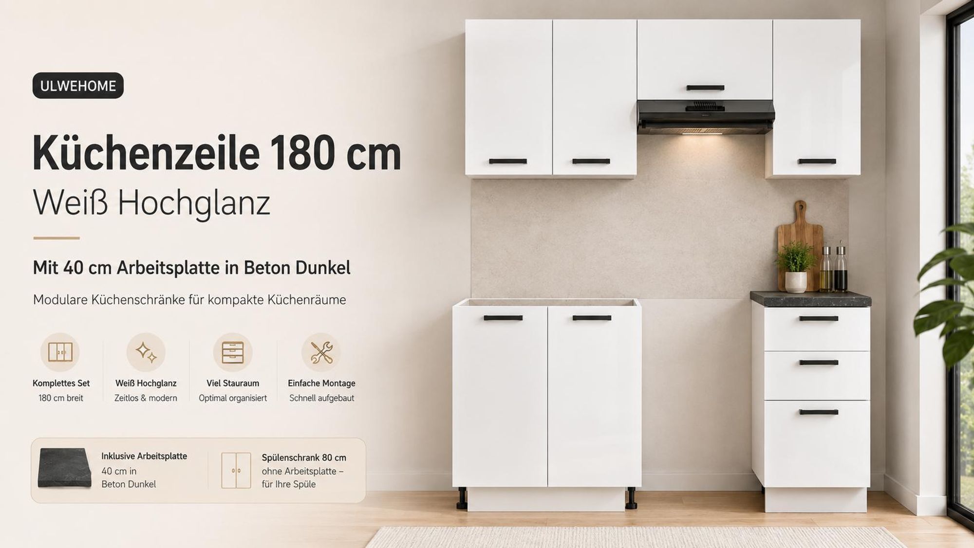 ULWEHOME Küchenzeile 180 cm in Weiß Hochglanz mit Schränken und 40 cm Arbeitsplatte.