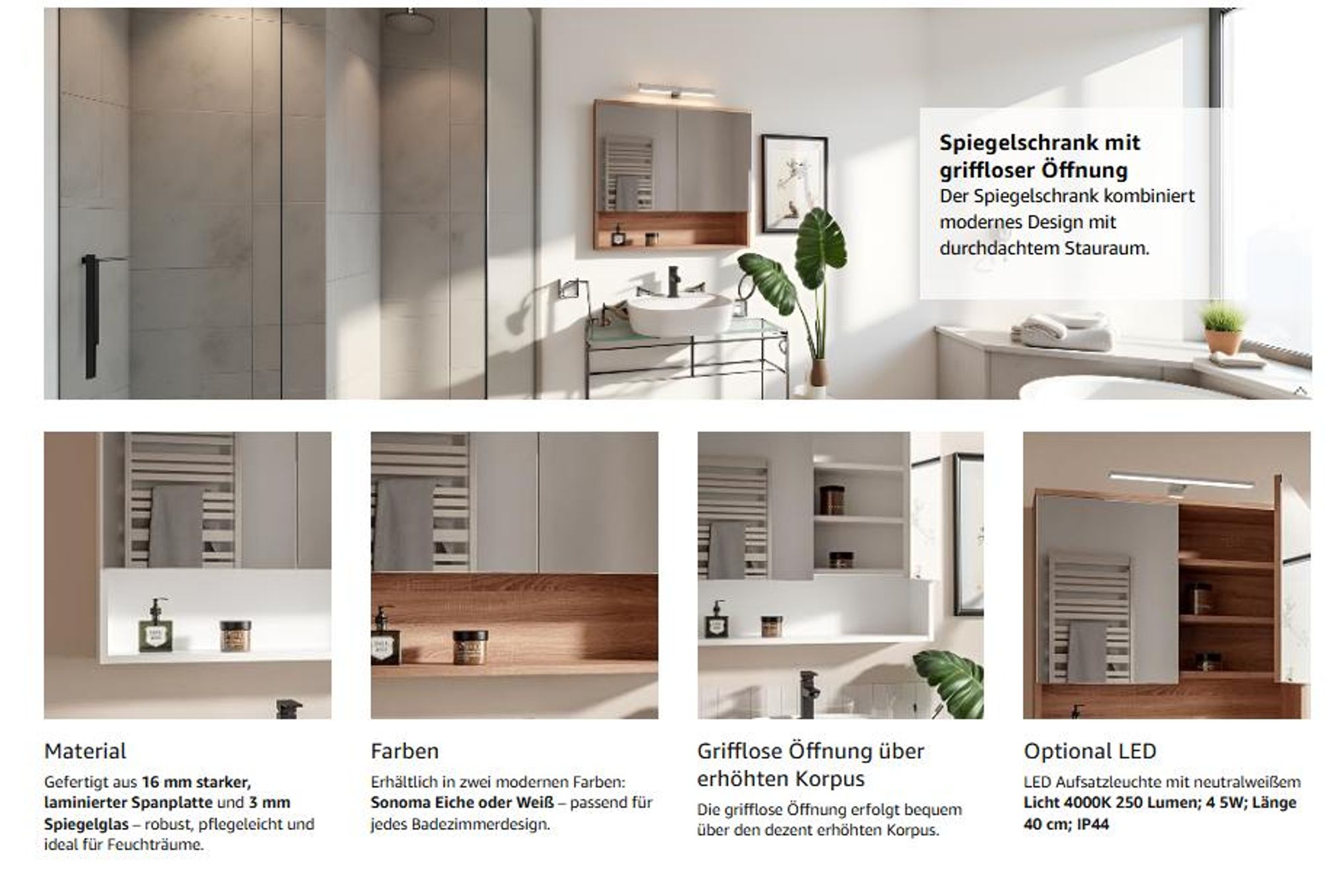 HAJDUK FURNITURE Eiche Sonoma 78x70 cm Spiegelschrank Bad mit 2 Spiegeltüren und Ablage Badschrank mit Grifflose Öffnung