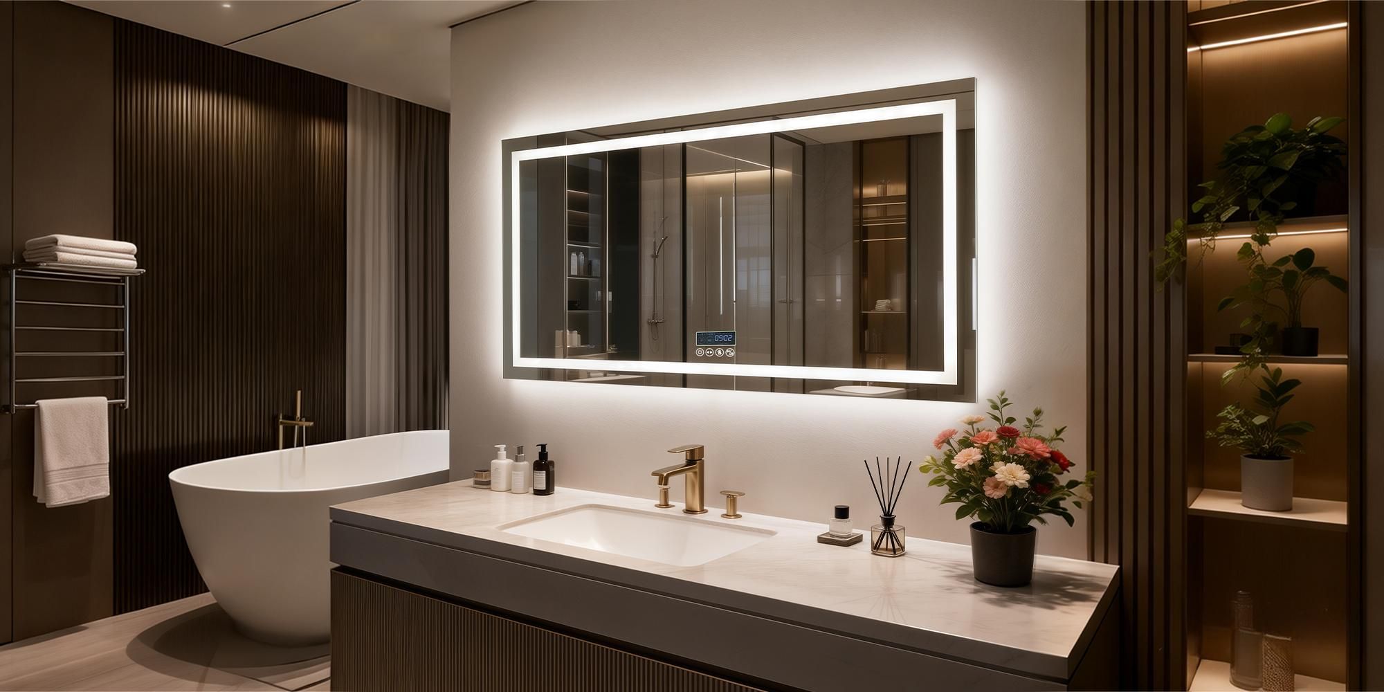 WISFOR LED Bluetooth Badezimmerspiegel-mit-Beleuchtung 120 x 70 cm Wandspiegel mit Uhr Speicherfunktion Anti-Beschlag 3 Lichtfarben