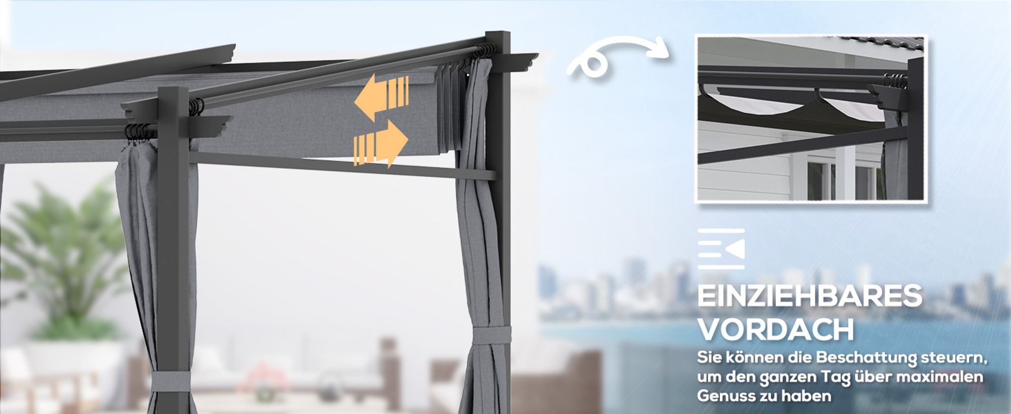 Outsunny Pergola 2,97 x 2,95 m Gartenpavillon mit Sonnendach, Seitenteilen