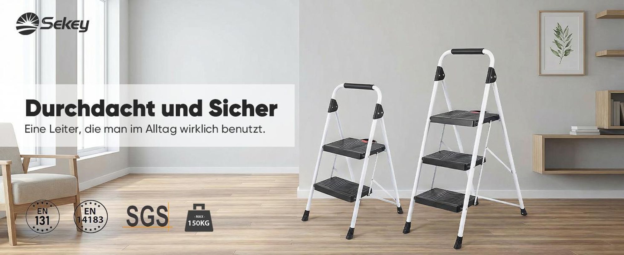 SEKEY Trittleiter Klappbar 3 Stufen – XXL 36 x 26 cm rutschfest, bis 150 kg, mit Klappsicherung